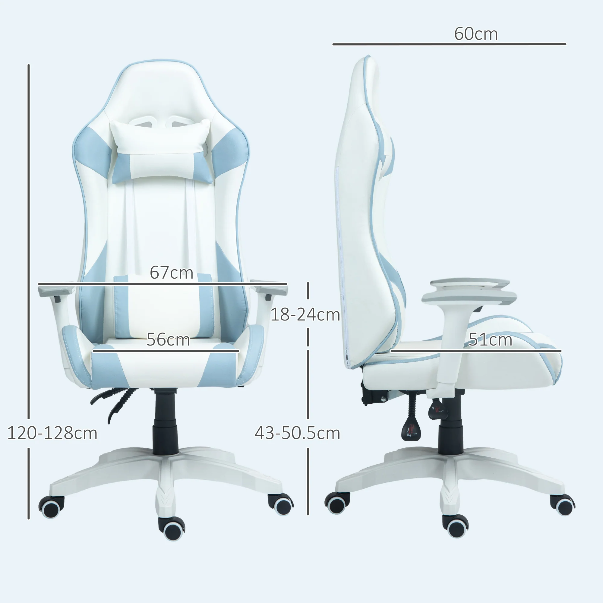 HOMCOM Gaming Chair For Adults Faux Leather Computer Chair W/ 3D Armrests - Pink/Blue - Image 14