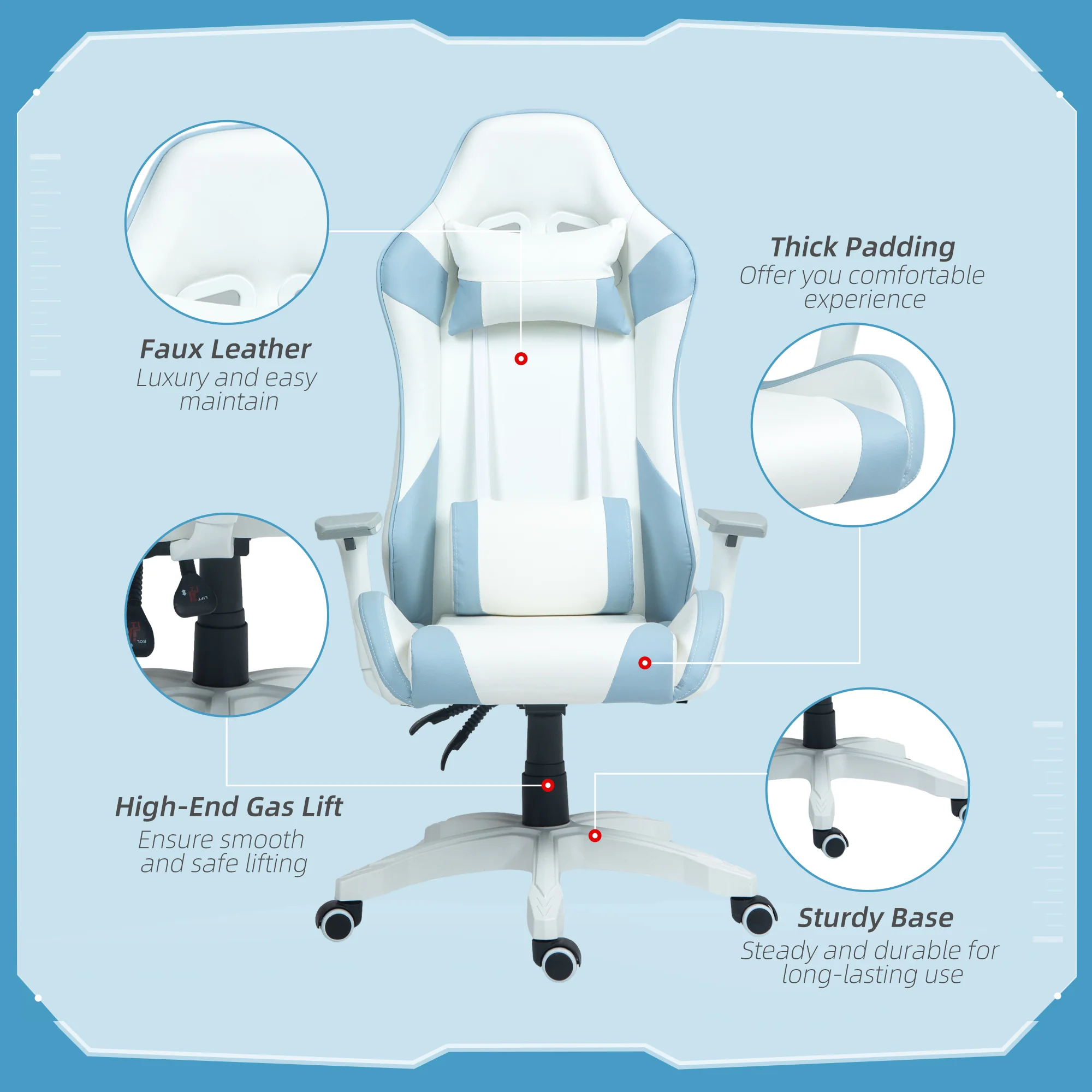 HOMCOM Gaming Chair For Adults Faux Leather Computer Chair W/ 3D Armrests - Pink/Blue - Image 16
