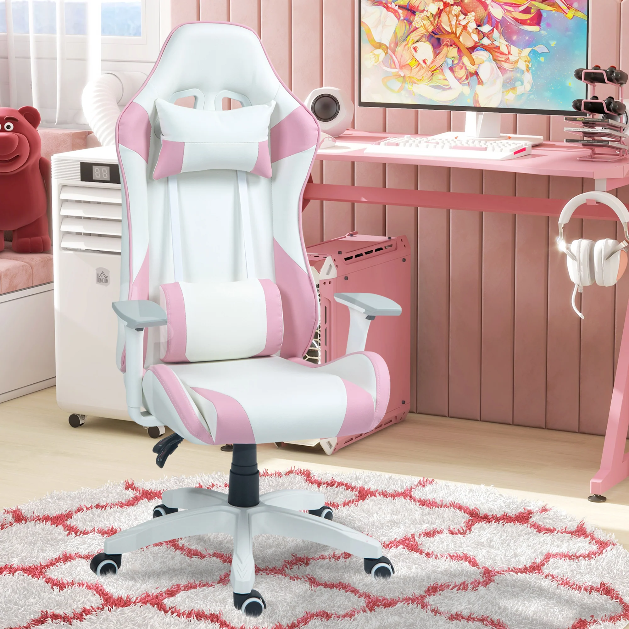 HOMCOM Gaming Chair For Adults Faux Leather Computer Chair W/ 3D Armrests - Pink/Blue - Image 2