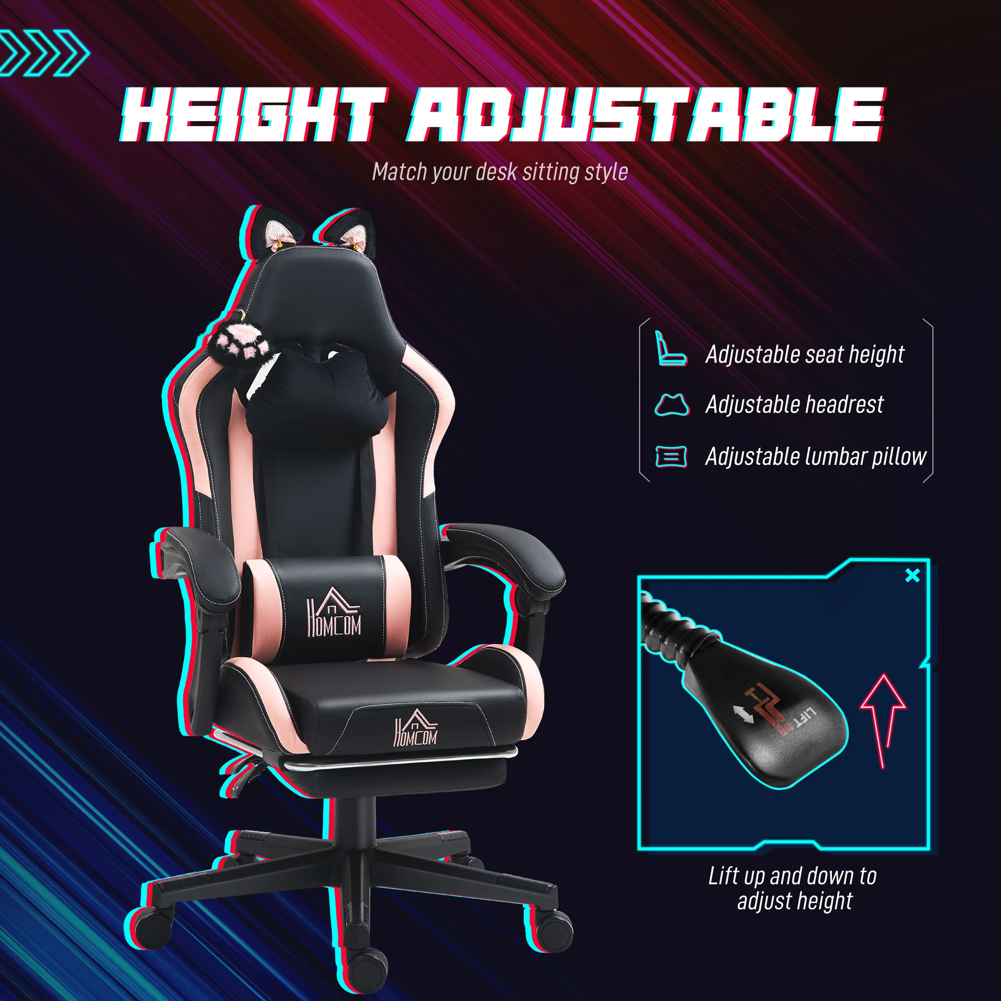 HOMCOM Gaming Chair with Footrest, Reclining Computer Chair, Black - Image 4