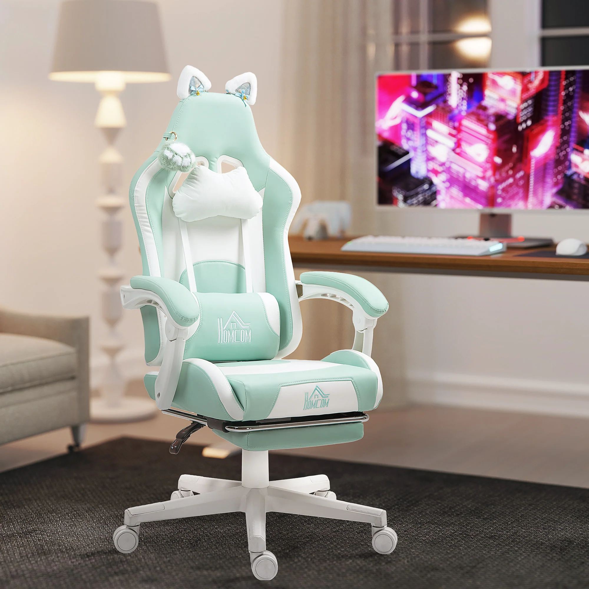 HOMCOM Gaming Chair with Footrest, Reclining Computer Chair, Light Blue - Image 2
