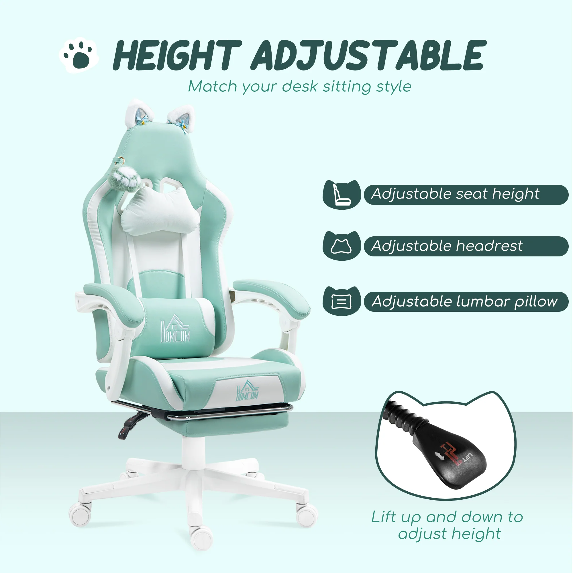 HOMCOM Gaming Chair with Footrest, Reclining Computer Chair, Light Blue - Image 4