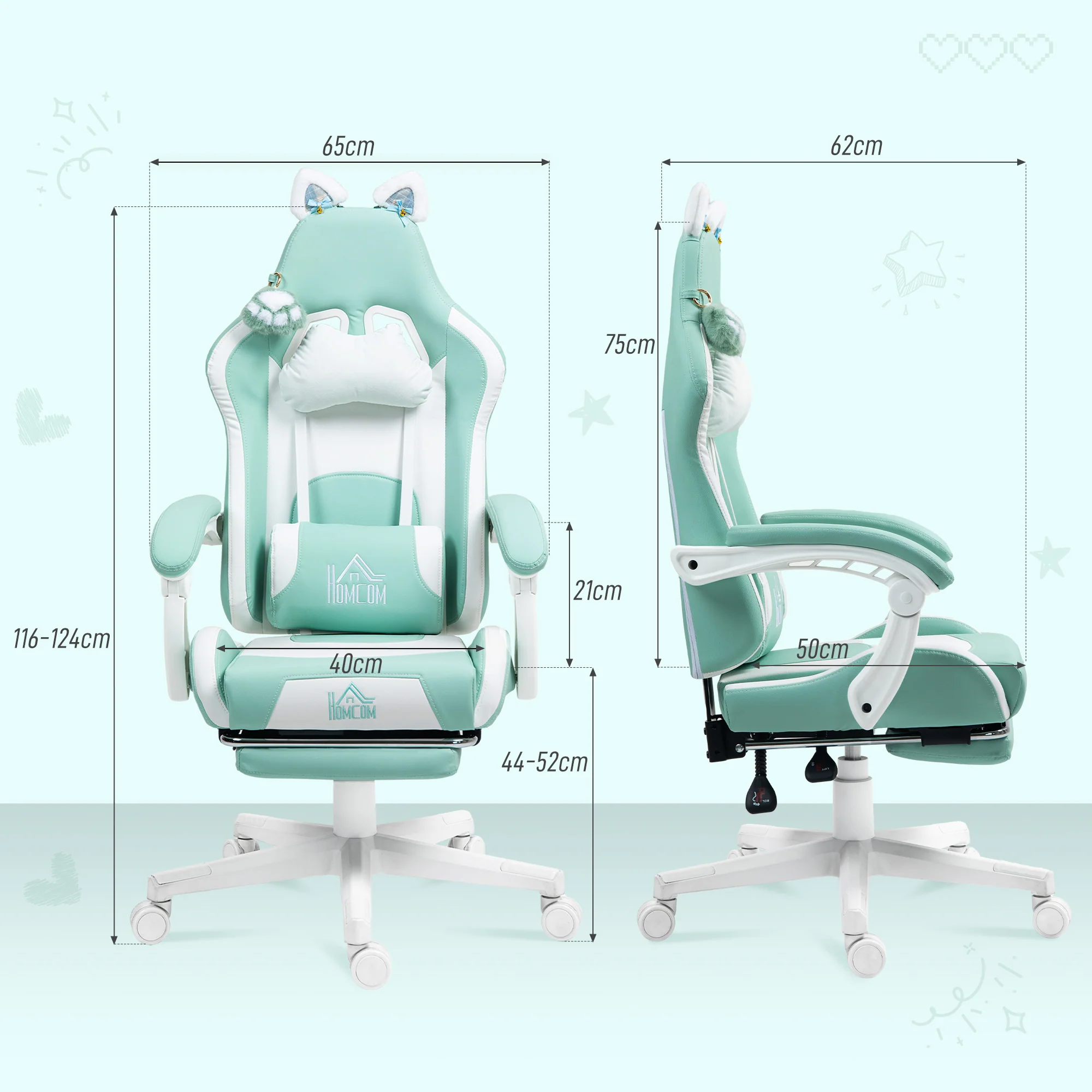 HOMCOM Gaming Chair with Footrest, Reclining Computer Chair, Light Blue - Image 5