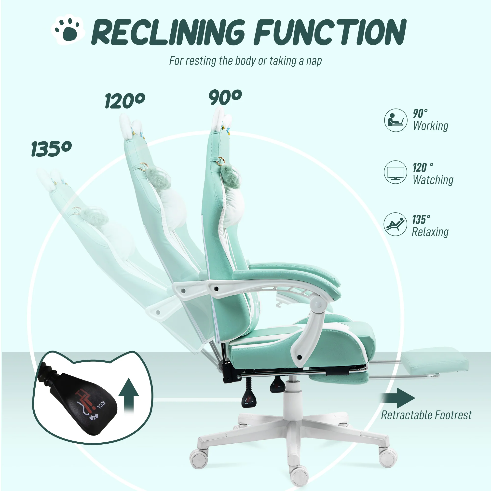 HOMCOM Gaming Chair with Footrest, Reclining Computer Chair, Light Blue - Image 6