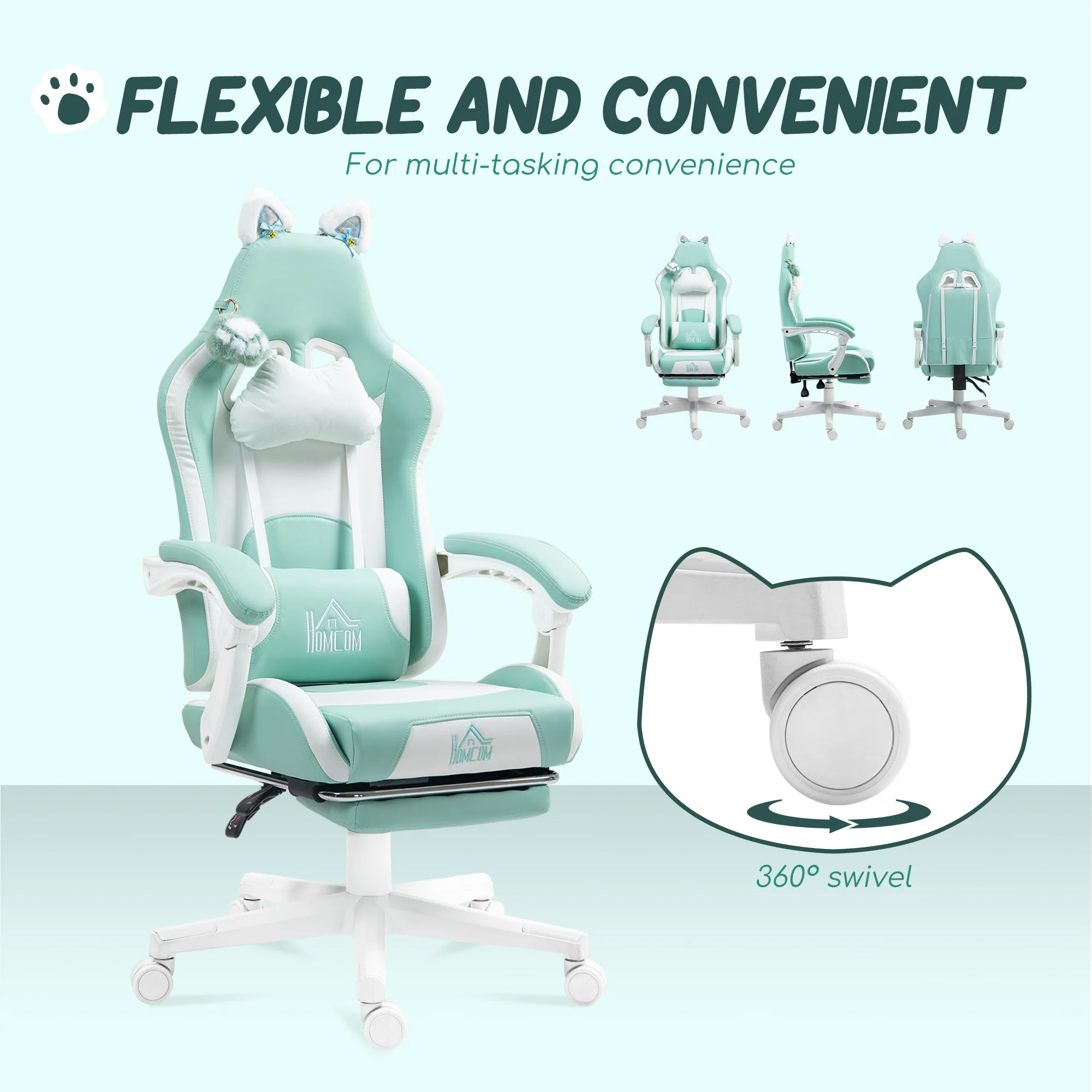 HOMCOM Gaming Chair with Footrest, Reclining Computer Chair, Light Blue - Image 7