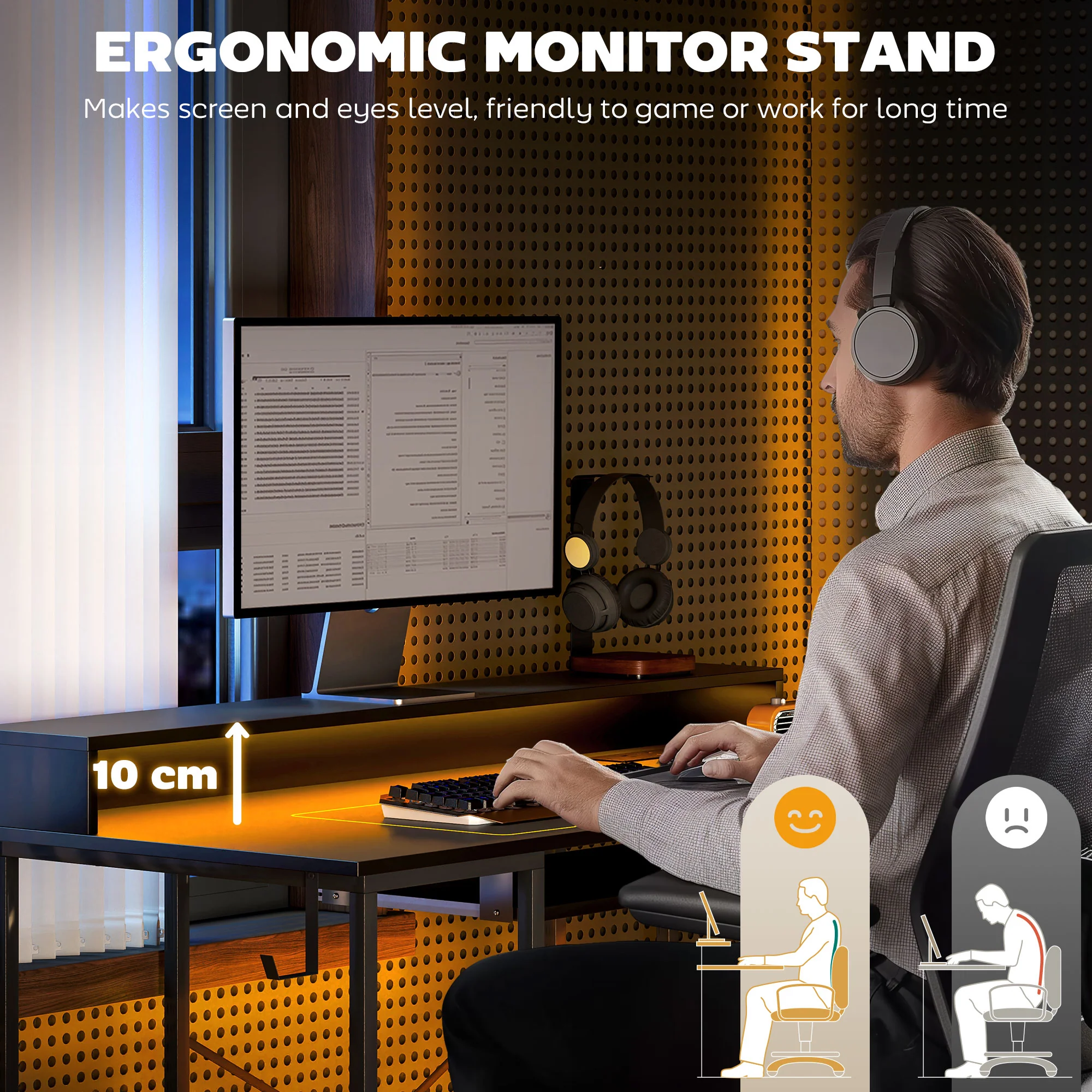 HOMCOM Gaming Desk with Monitor Stand and Sliding Keyboard Tray - Image 6