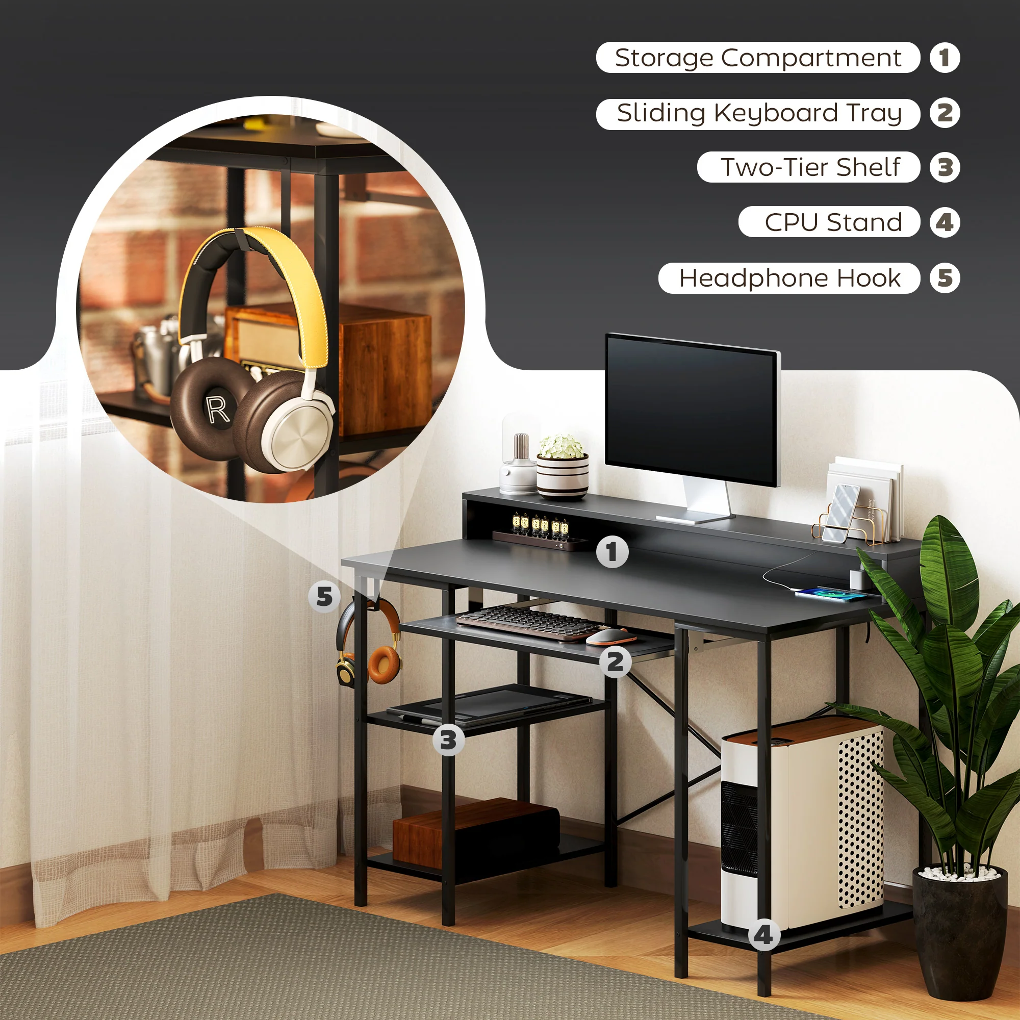 HOMCOM Gaming Desk with Monitor Stand and Sliding Keyboard Tray - Image 8