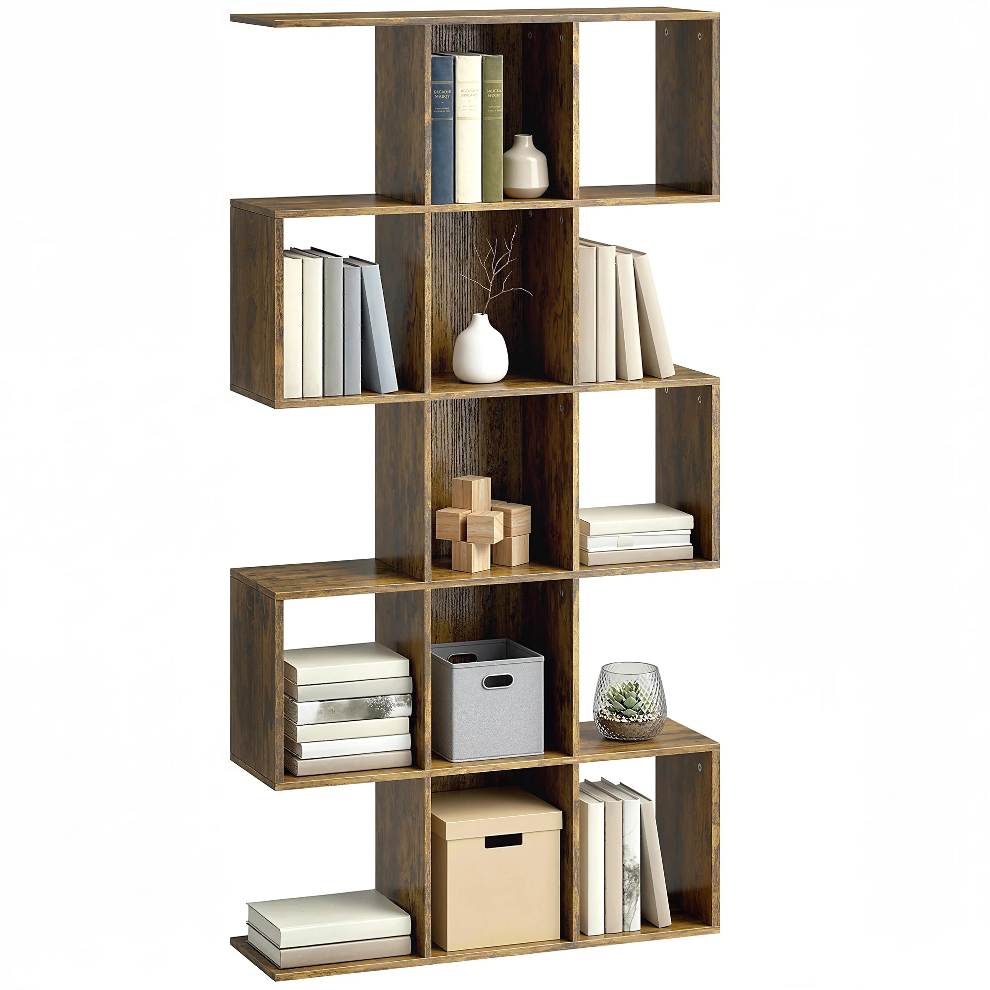 HOMCOM Geometric Bookshelf, 5-Tier S Shaped Bookcase, Rustic Brown