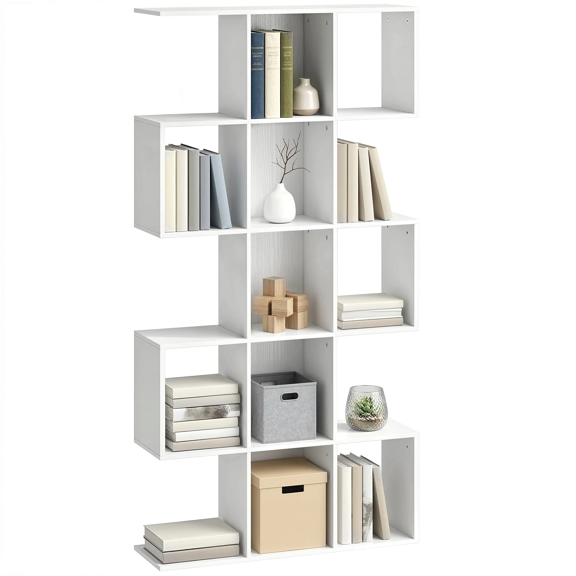 HOMCOM Geometric Bookshelf, 5-Tier S Shaped Bookcase, White Wood Effect