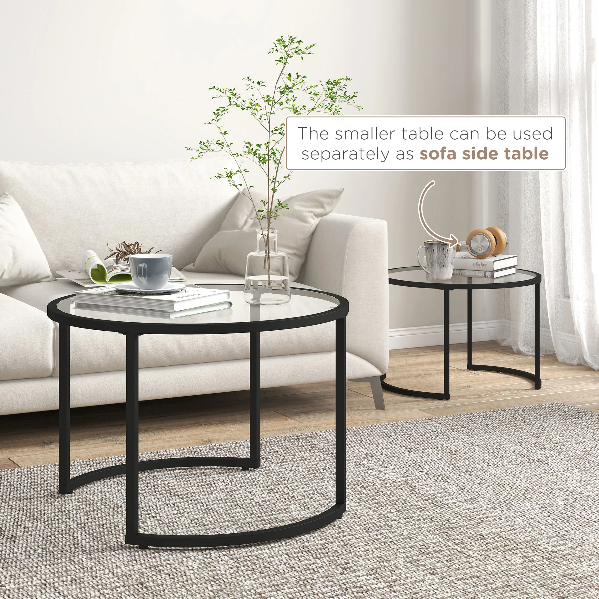 HOMCOM Glass Coffee Table Set Of 2, Round Nest Of Tables For Living Room - Image 4