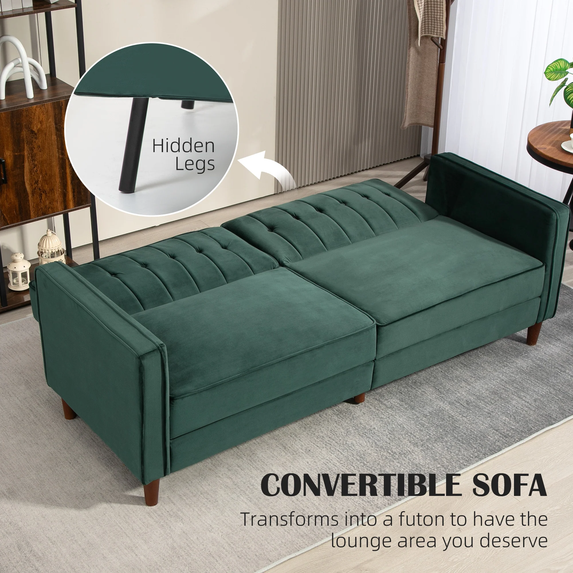 HOMCOM Green Convertible Sofa Futon Velvet-Touch Tufted Couch Sofa Bed - Image 13