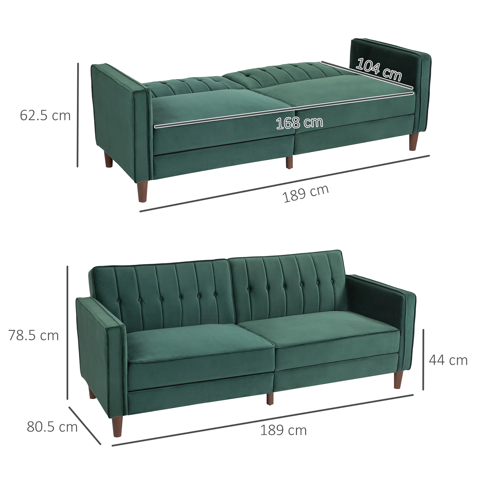 HOMCOM Green Convertible Sofa Futon Velvet-Touch Tufted Couch Sofa Bed - Image 15