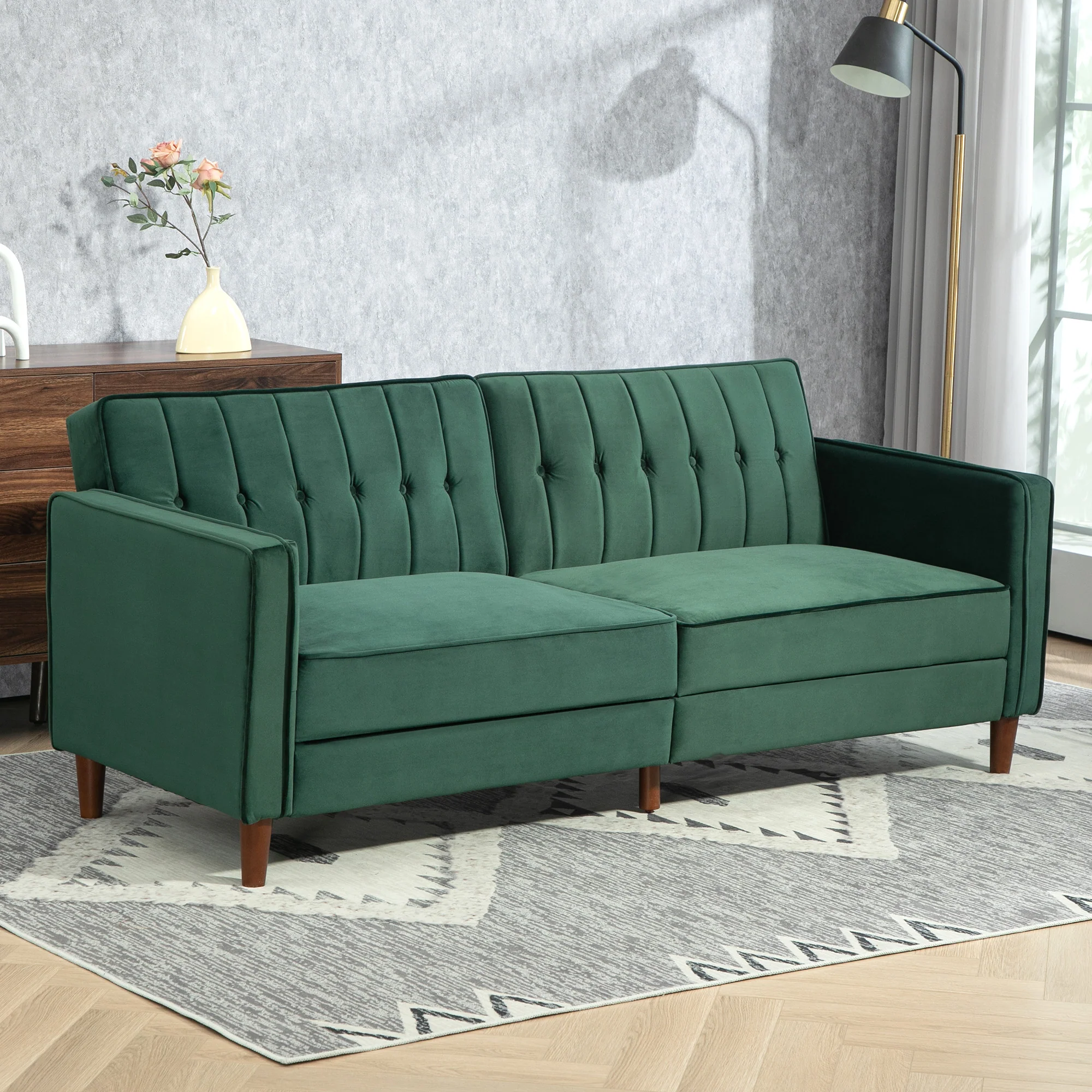 HOMCOM Green Convertible Sofa Futon Velvet-Touch Tufted Couch Sofa Bed - Image 3