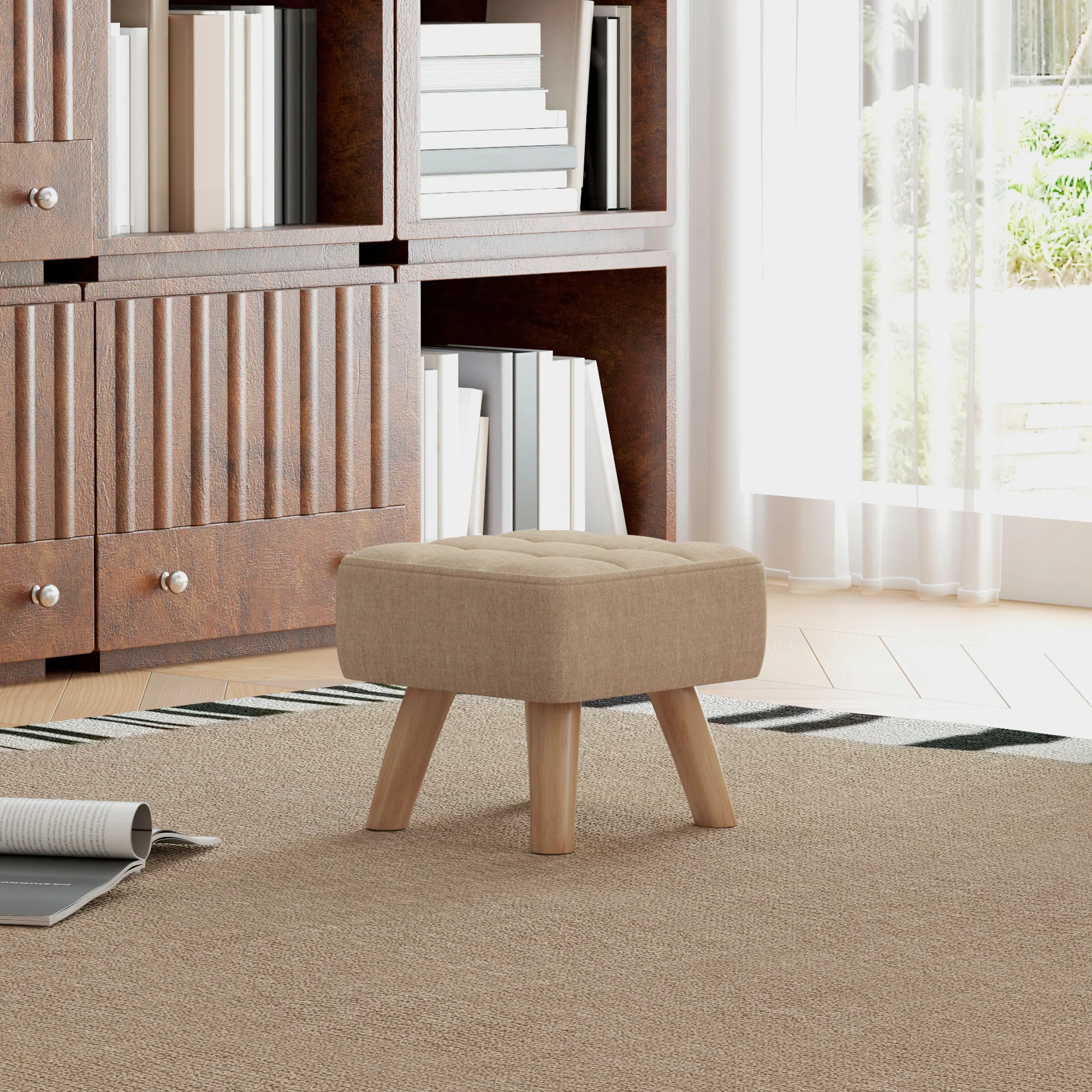 HOMCOM Grey Modern Footstool, Fabric Foot Rest With Rubber Wood Legs - Image 11