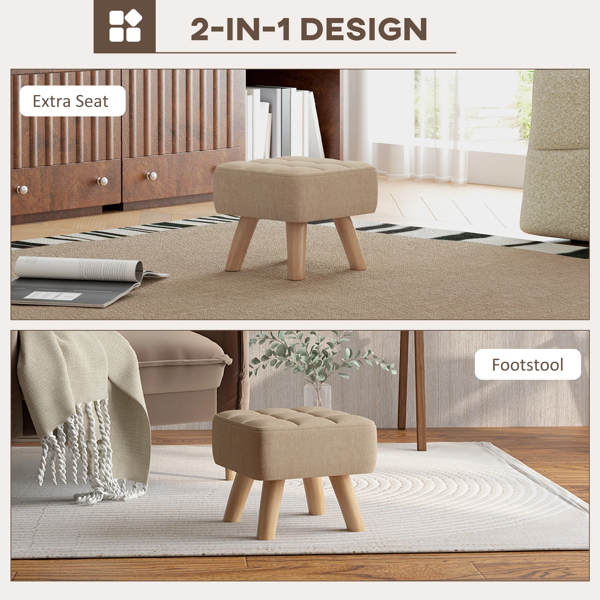 HOMCOM Grey Modern Footstool, Fabric Foot Rest With Rubber Wood Legs - Image 12