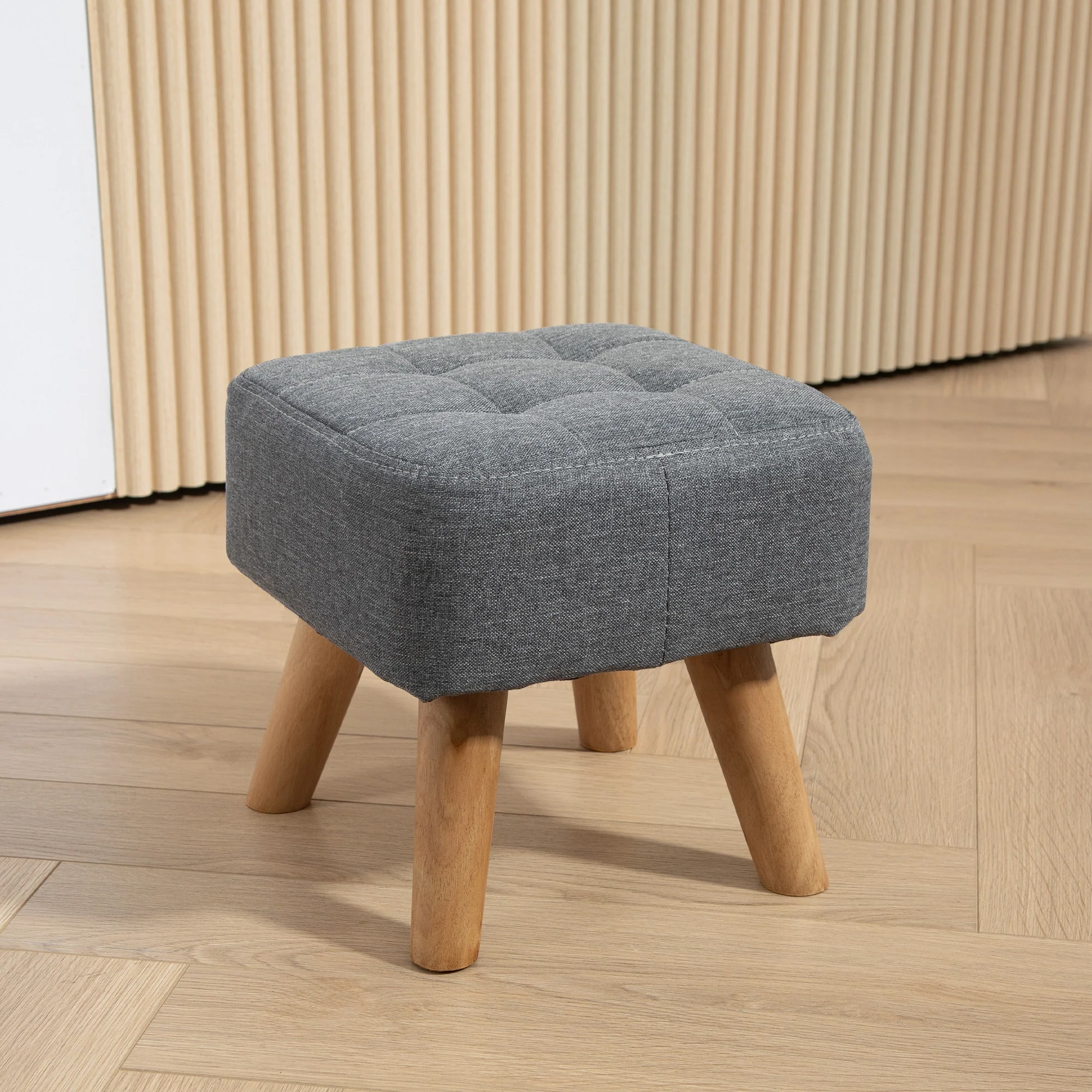 HOMCOM Grey Modern Footstool, Fabric Foot Rest With Rubber Wood Legs - Image 2