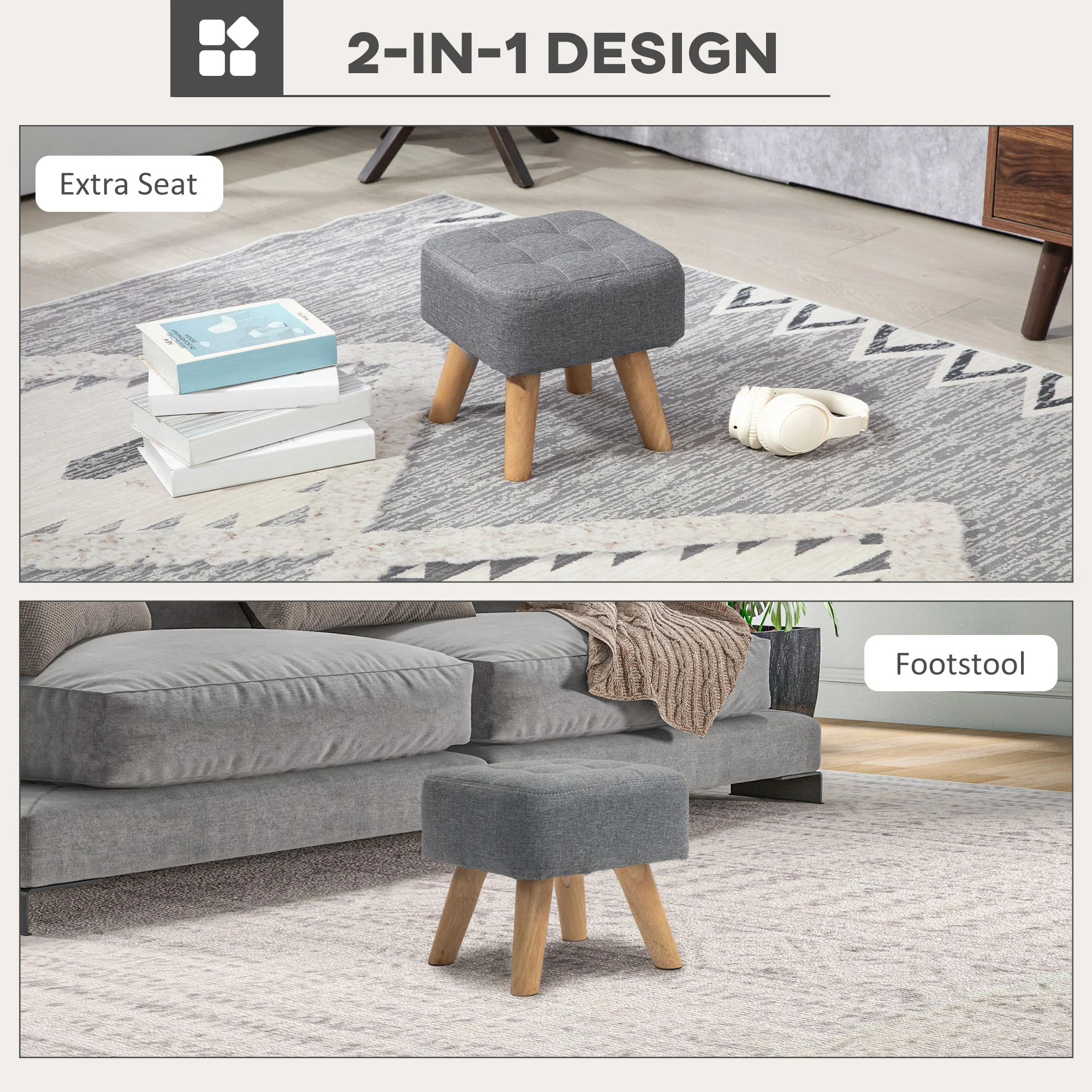 HOMCOM Grey Modern Footstool, Fabric Foot Rest With Rubber Wood Legs - Image 3