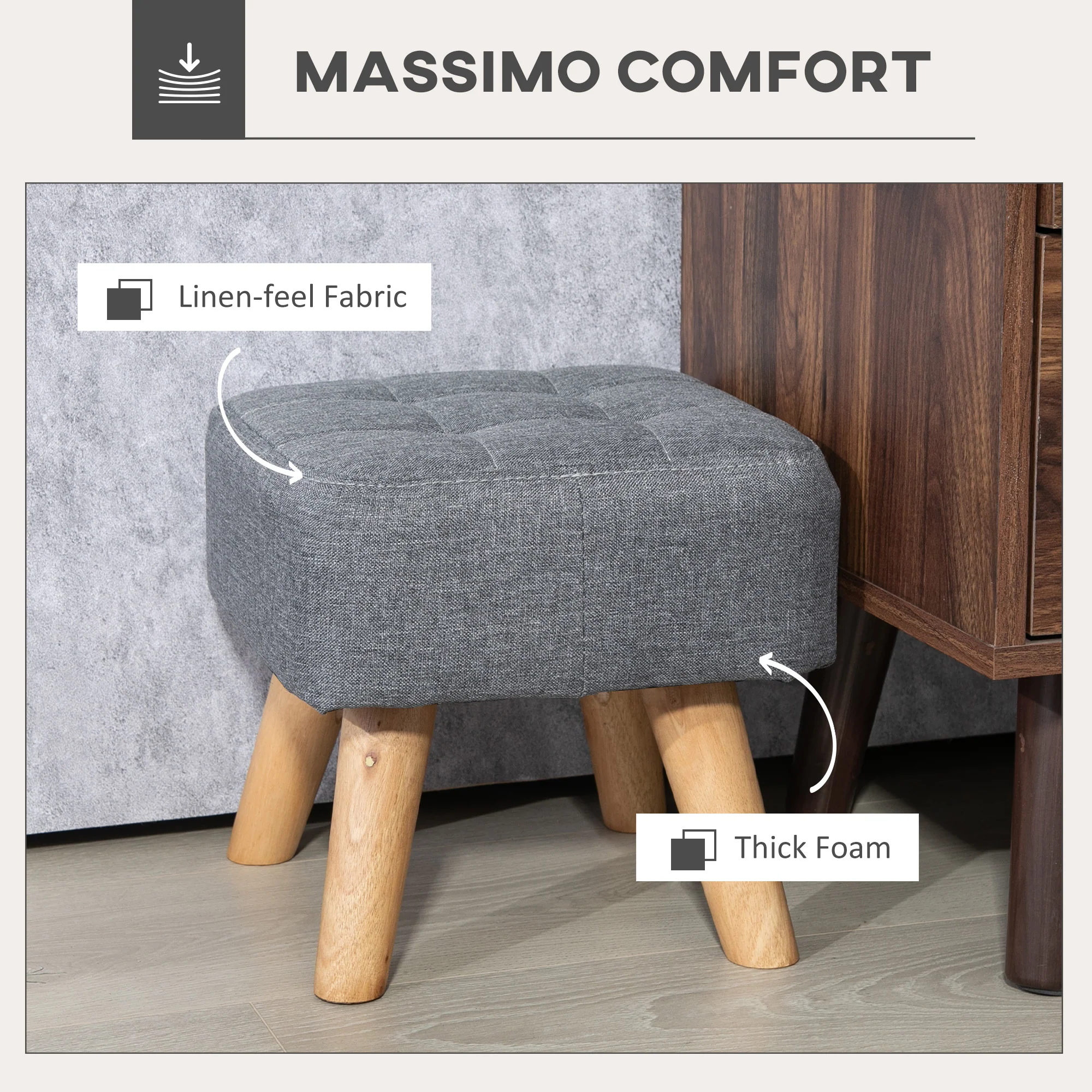 HOMCOM Grey Modern Footstool, Fabric Foot Rest With Rubber Wood Legs - Image 4