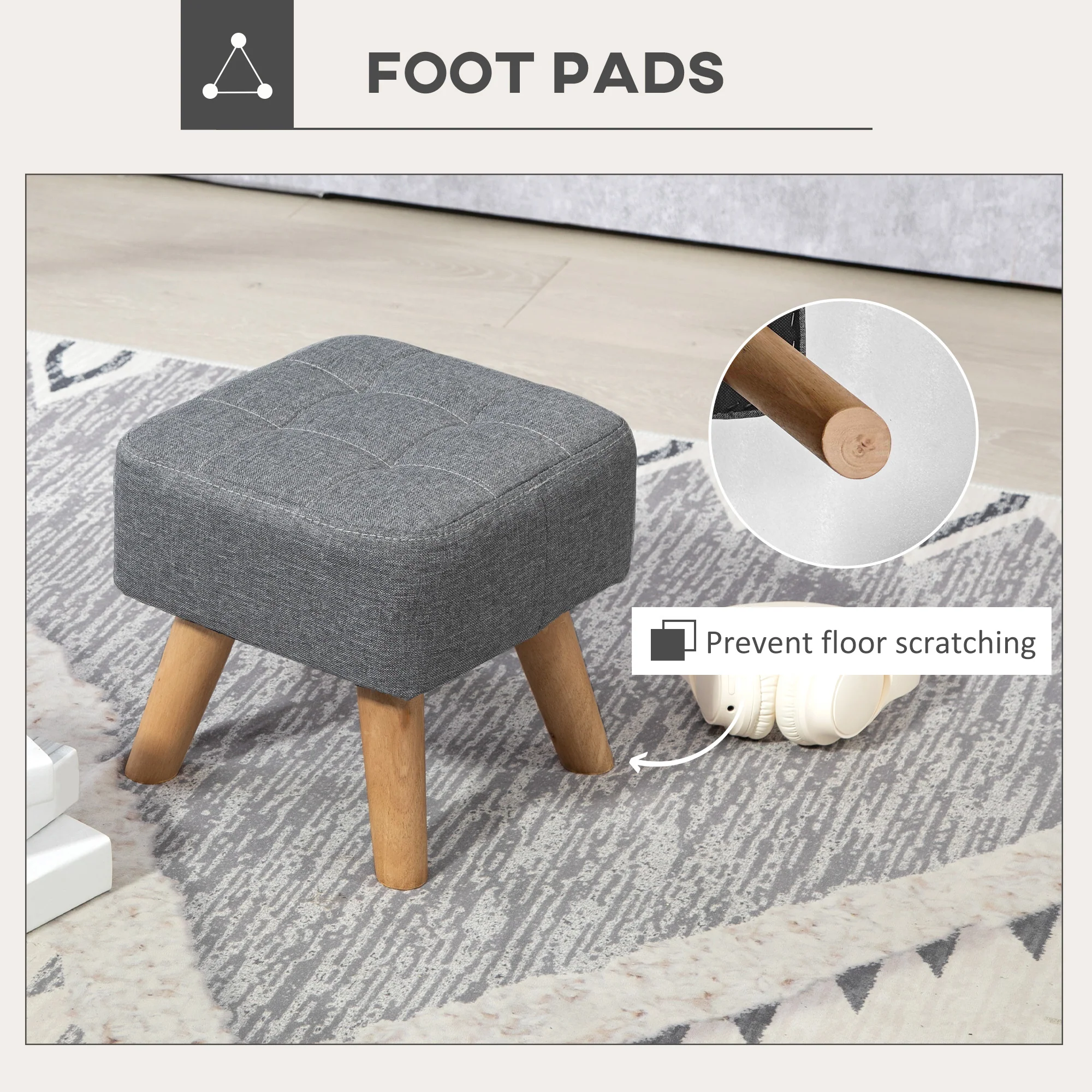 HOMCOM Grey Modern Footstool, Fabric Foot Rest With Rubber Wood Legs - Image 6