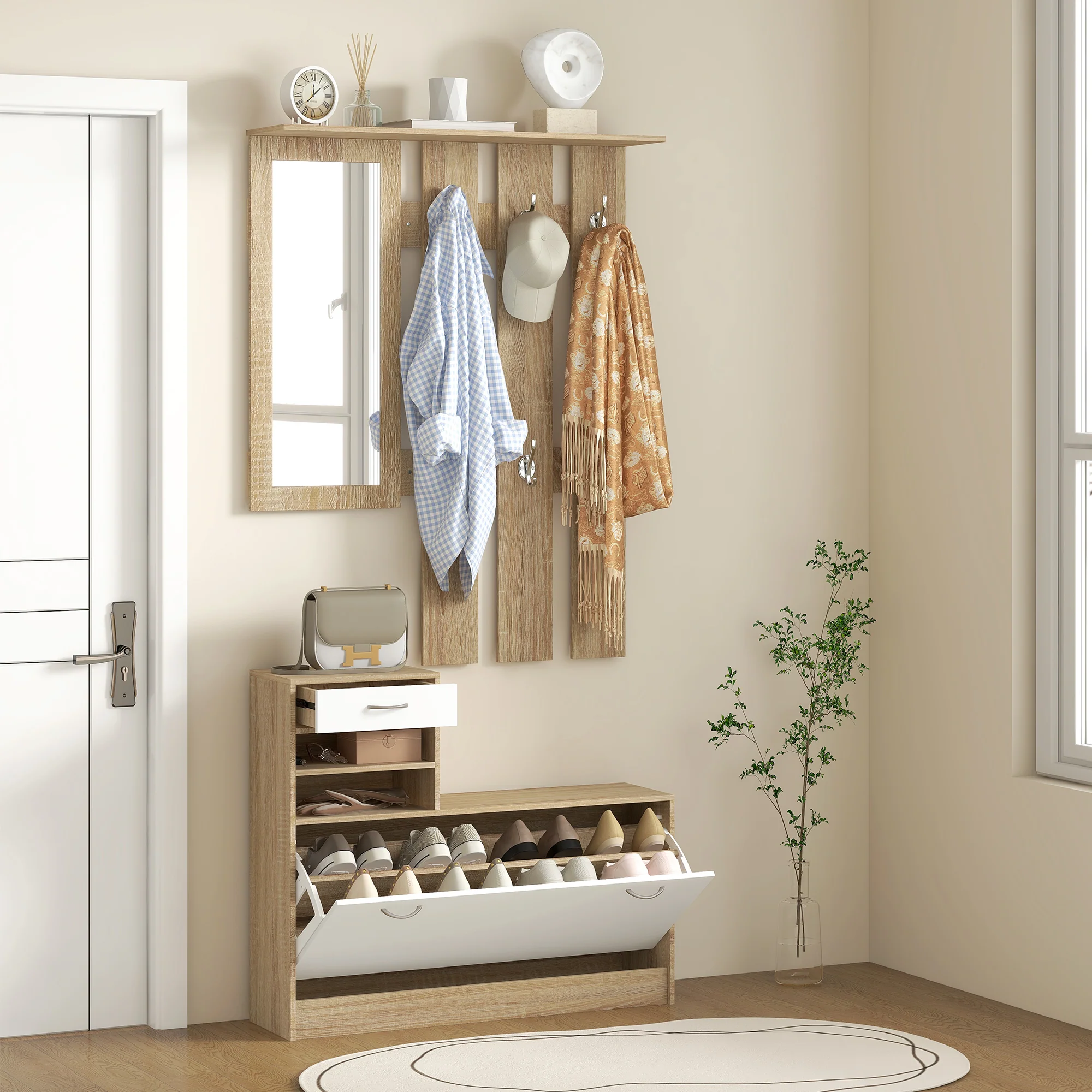 HOMCOM Hallway Furniture Set With Shoe Cabinet, Coat Rack And Mirror - Image 16