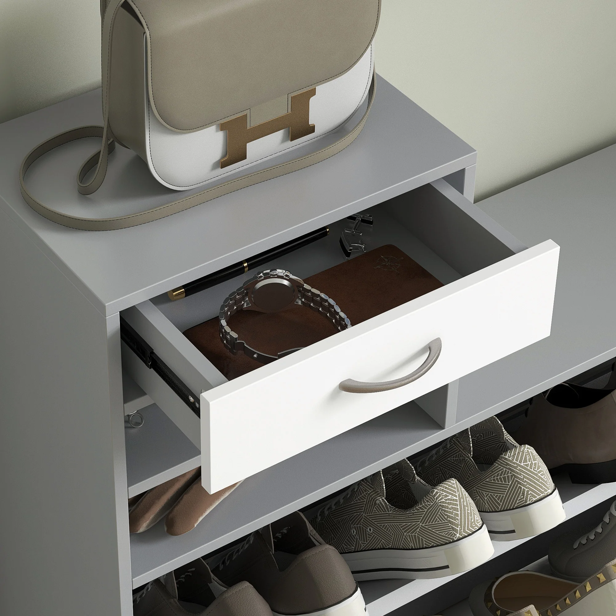 HOMCOM Hallway Furniture Set With Shoe Cabinet, Coat Rack And Mirror - Image 8