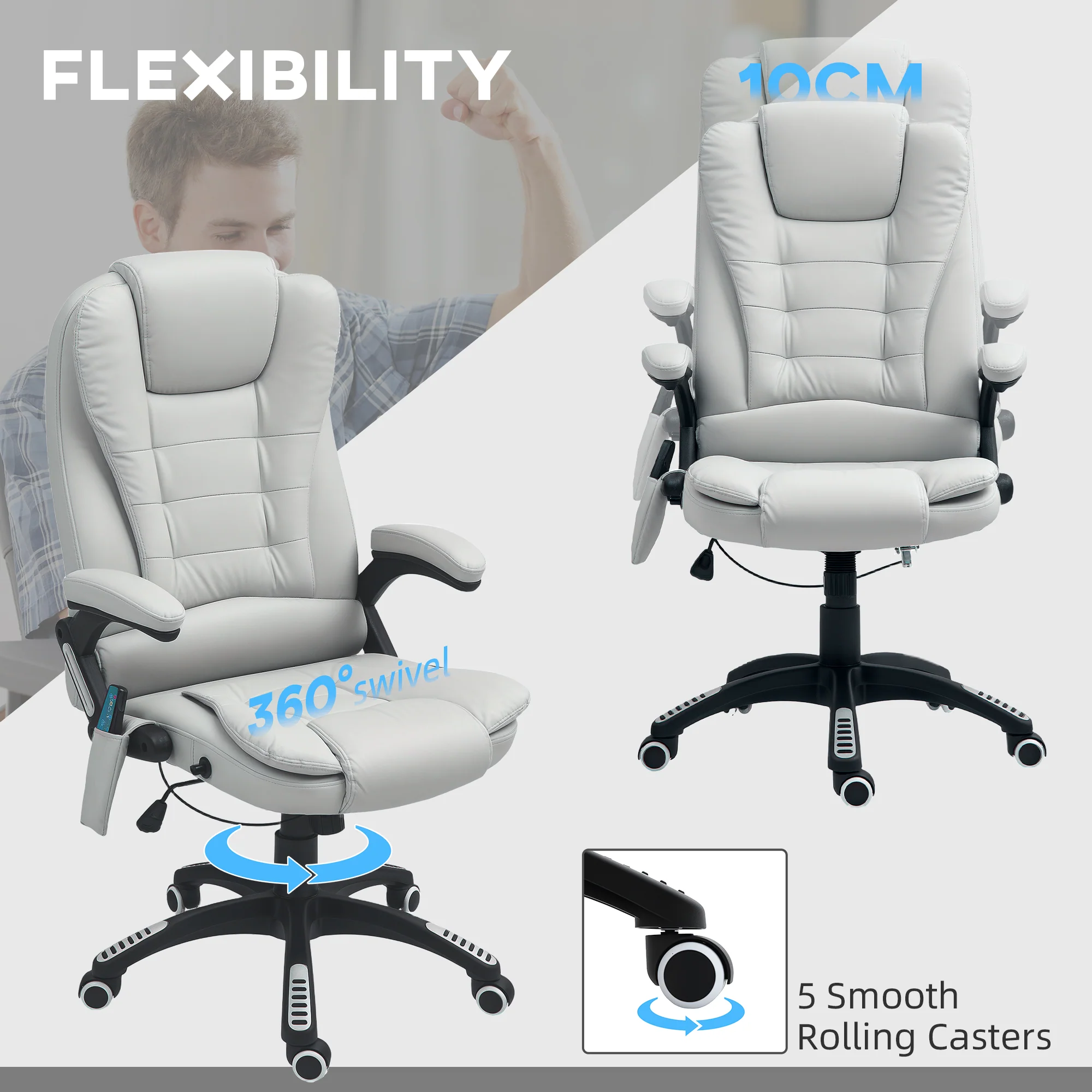 HOMCOM Heated Vibrating Massage Chair with Reclining Function, Light Grey - Image 4