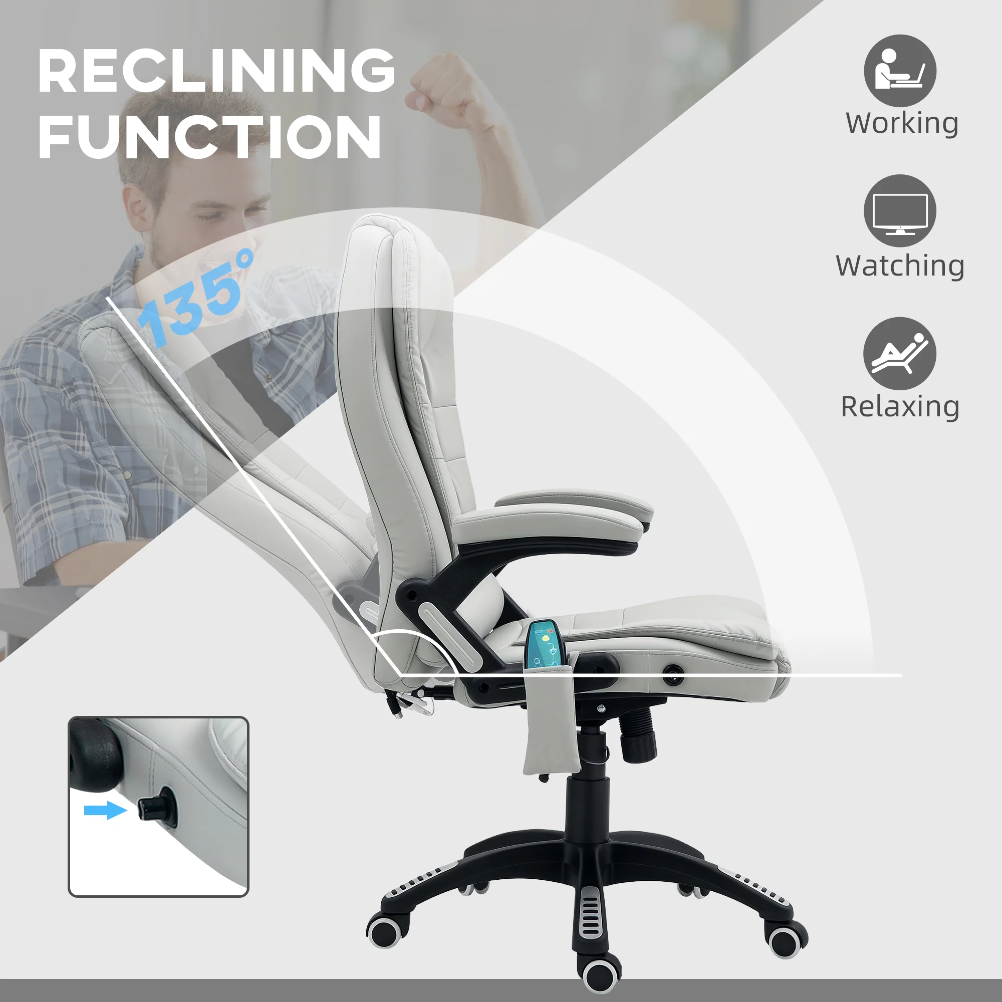 HOMCOM Heated Vibrating Massage Chair with Reclining Function, Light Grey - Image 7
