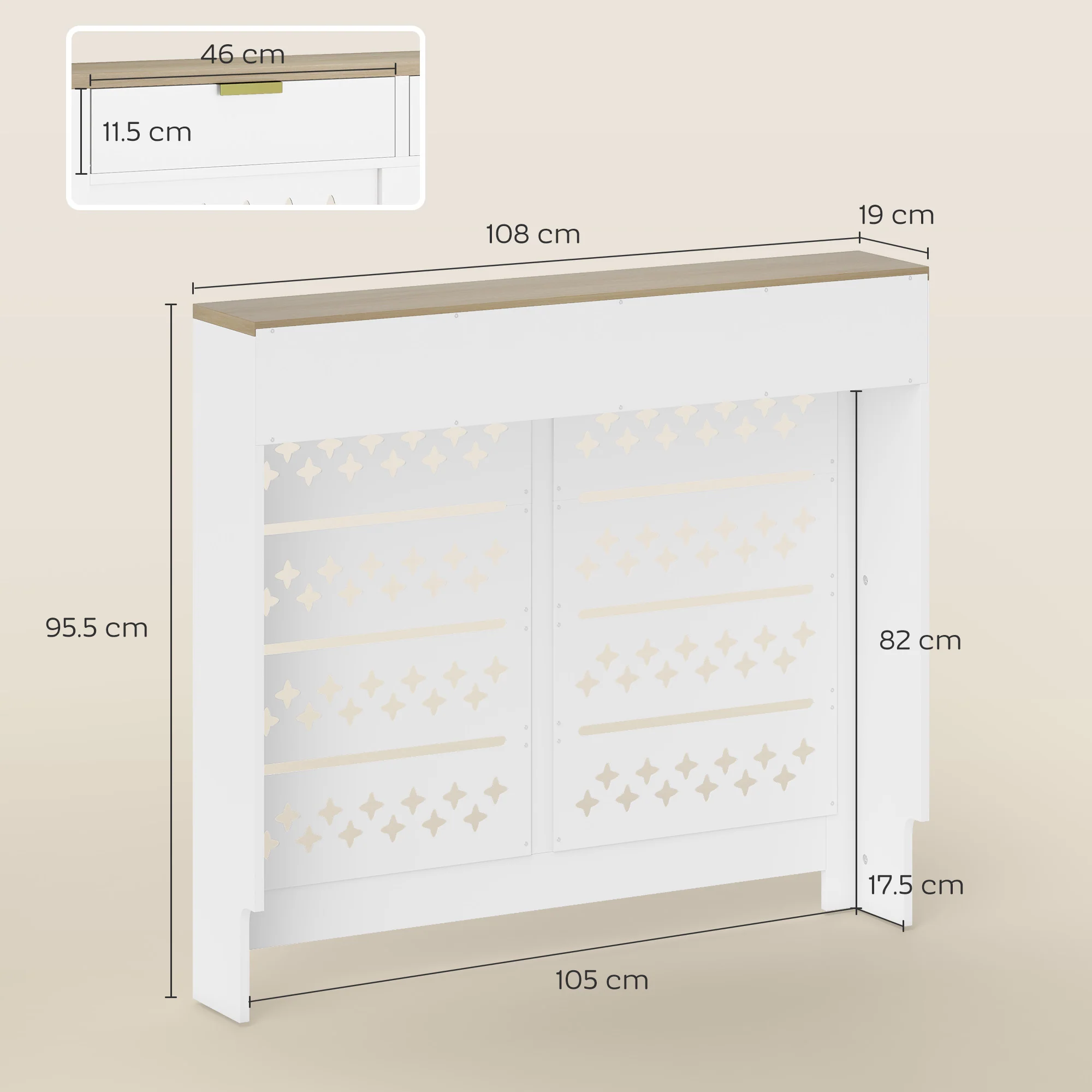 HOMCOM Heater Cover with Flip Drawer and Top Shelf 108 x 19 x 95.5 cm White - Image 5
