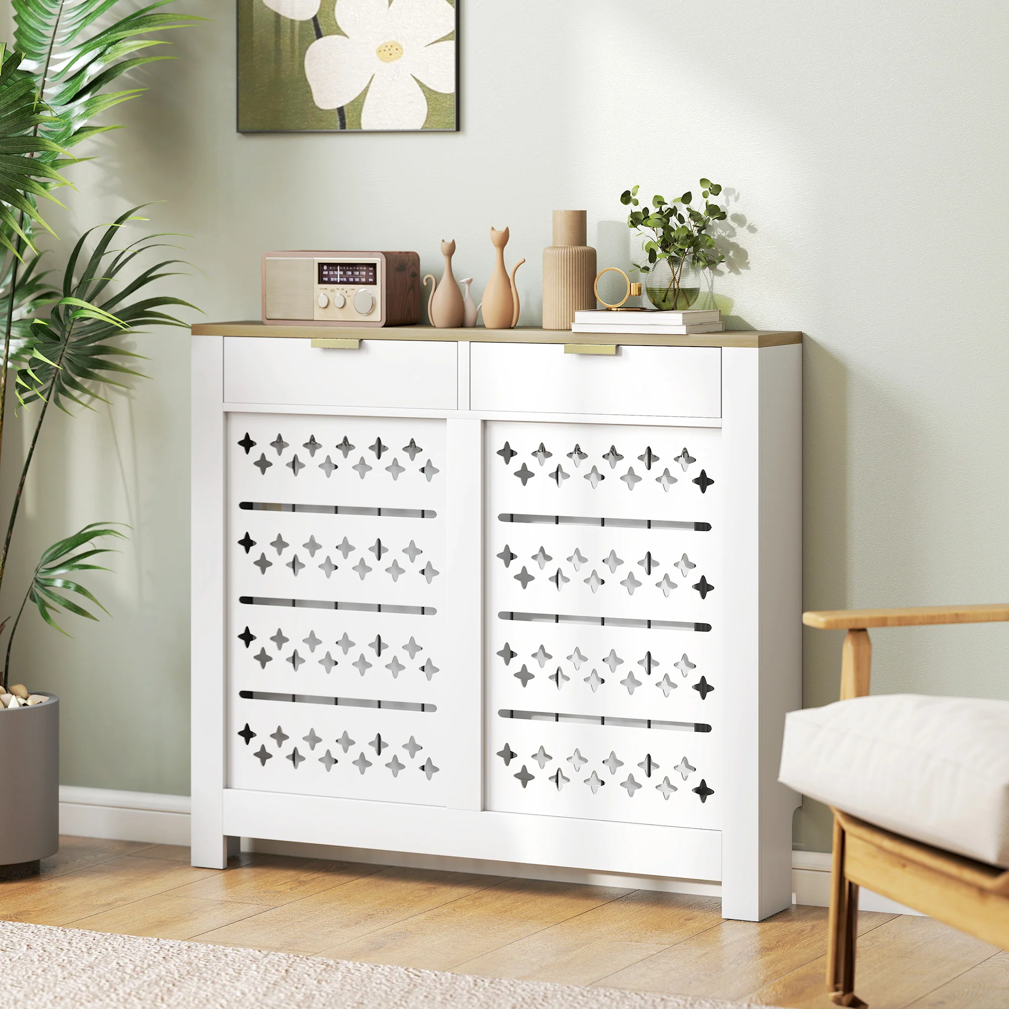 HOMCOM Heater Cover with Flip Drawer and Top Shelf 108 x 19 x 95.5 cm White - Image 8