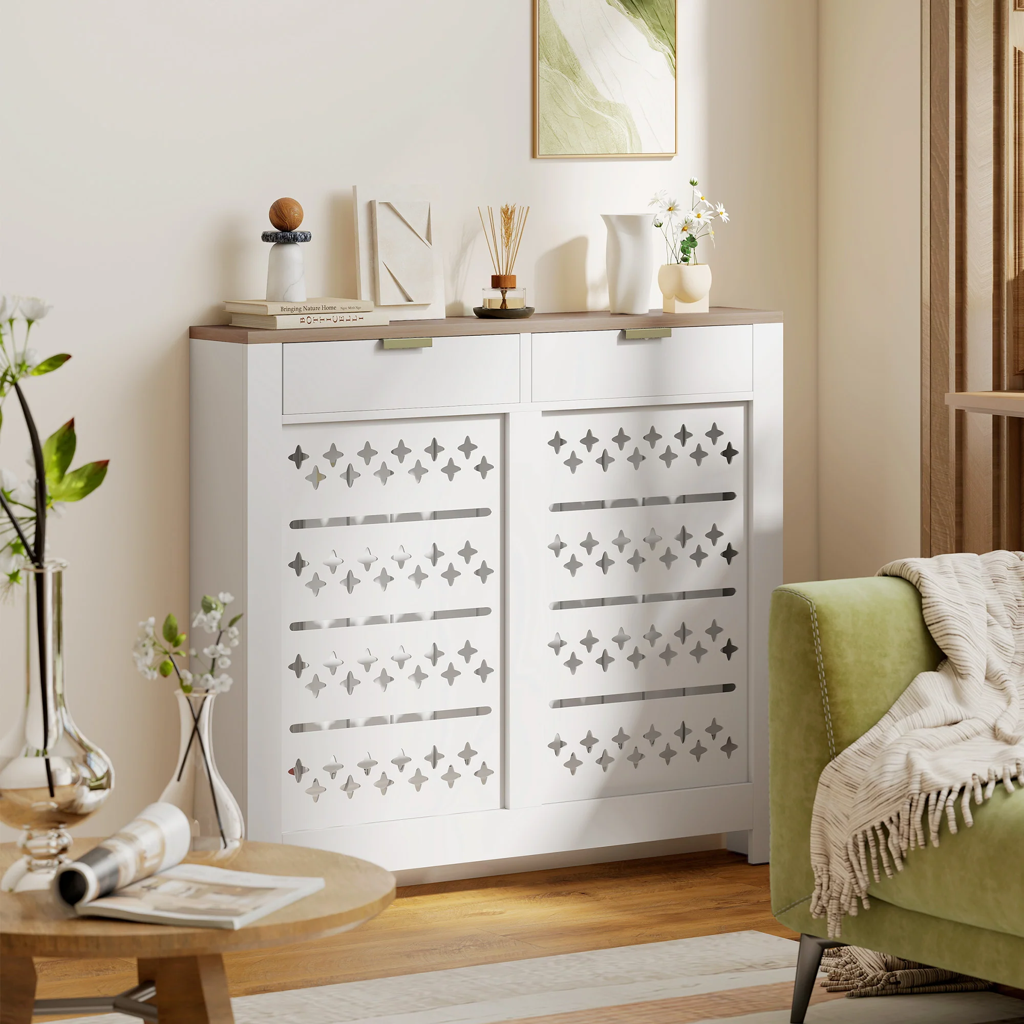 HOMCOM Heater Cover with Flip Drawer and Top Shelf 108 x 19 x 95.5 cm White - Image 9