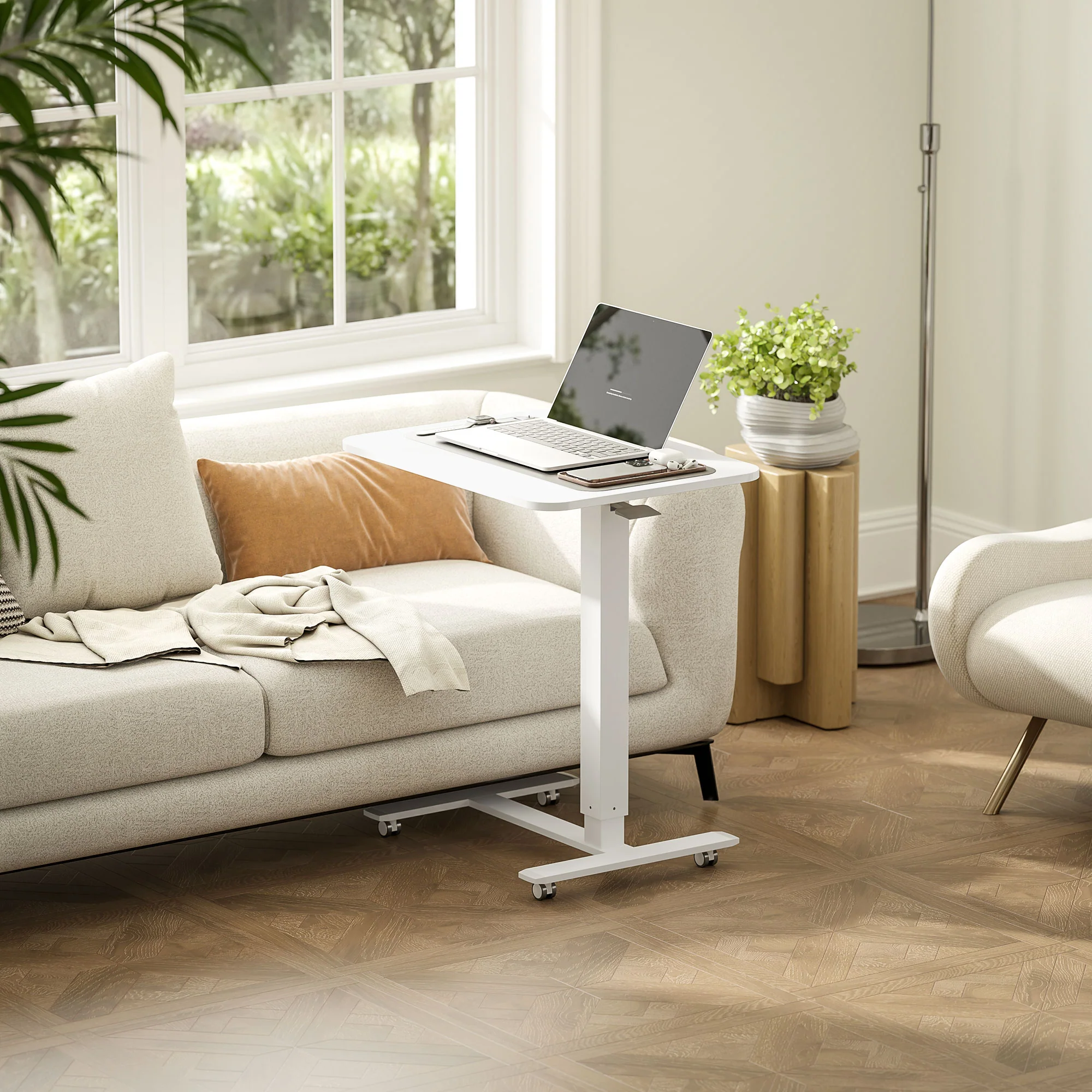 HOMCOM Height Adjustable Standing Desk With Wheels For Home Office, White - Image 2