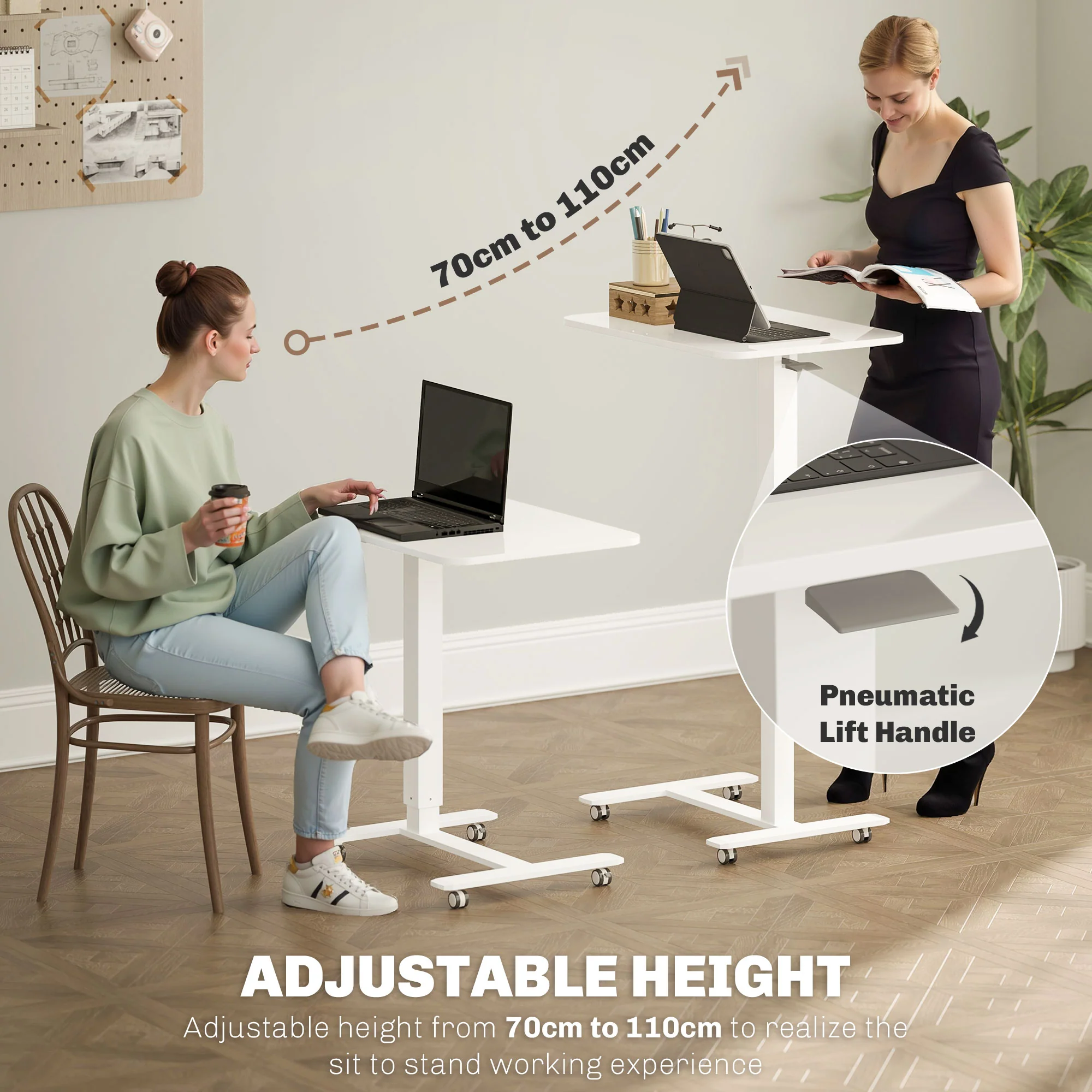 HOMCOM Height Adjustable Standing Desk With Wheels For Home Office, White - Image 3