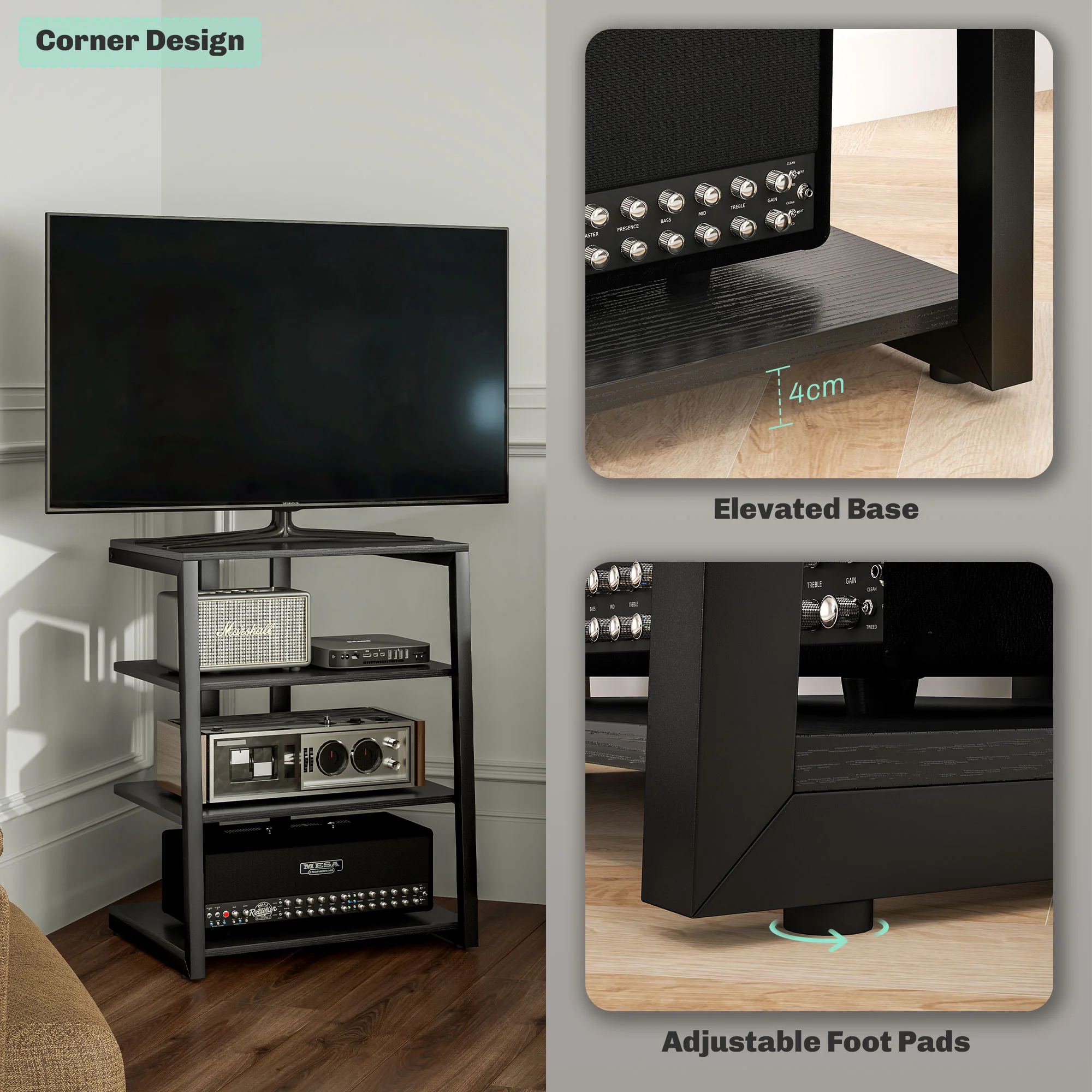 HOMCOM HiFi Rack Stand W/ Power Strip Rack 4-Tier Record Player Stand Black - Image 8
