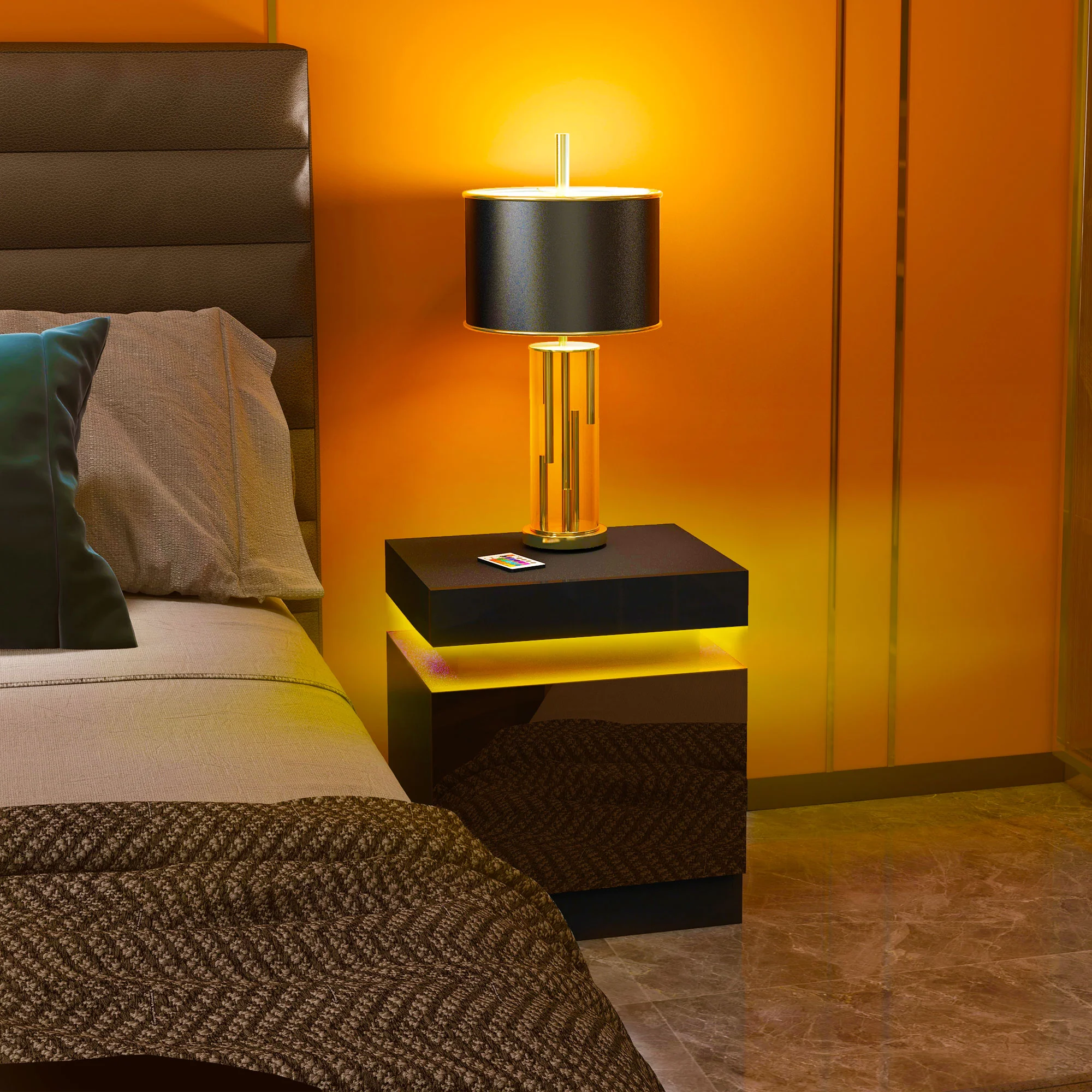 HOMCOM High Gloss Bedside Table with LED Light and 2 Drawers, Black - Image 2