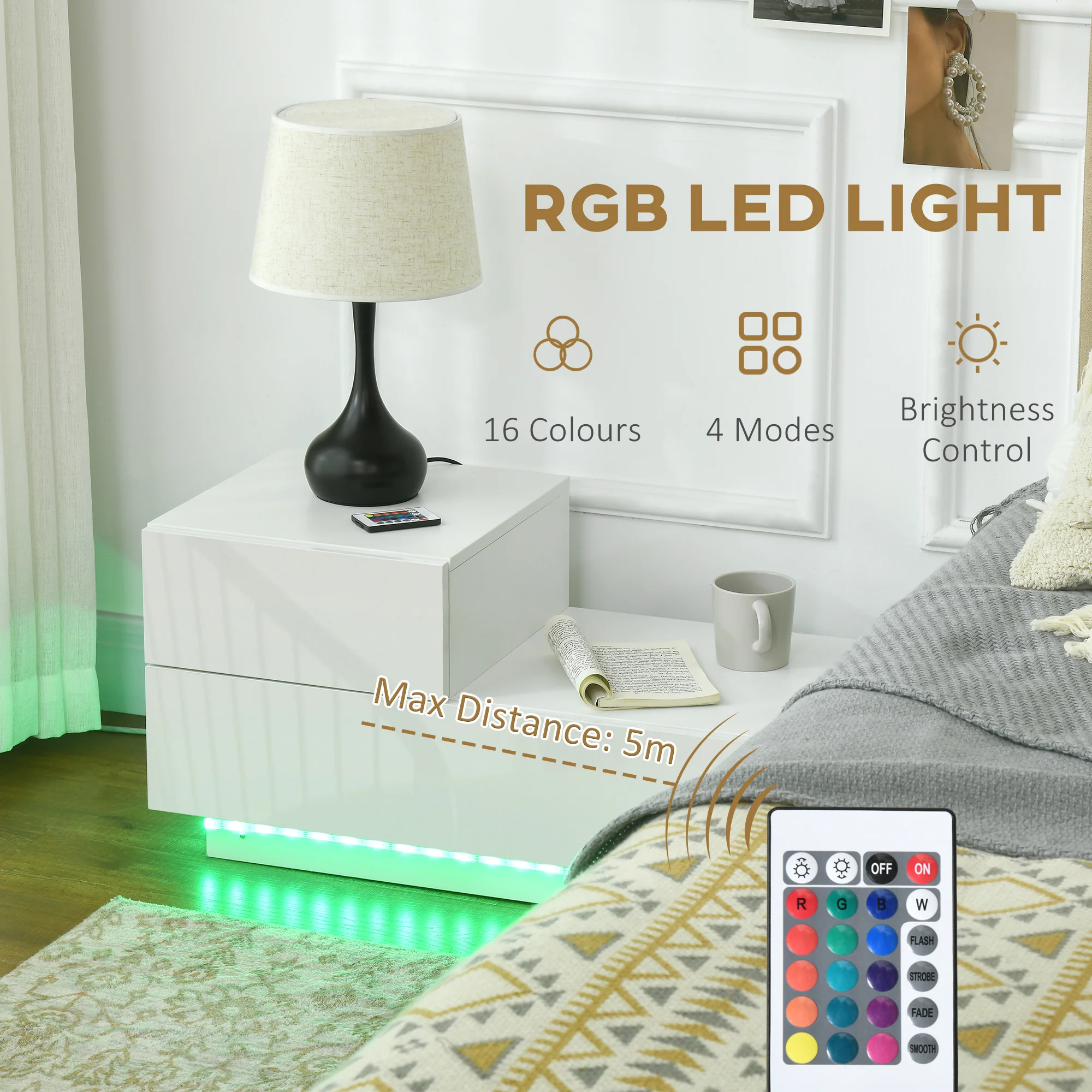HOMCOM High Gloss Front Bedside Table Nightstand with LED Light Remote White - Image 2