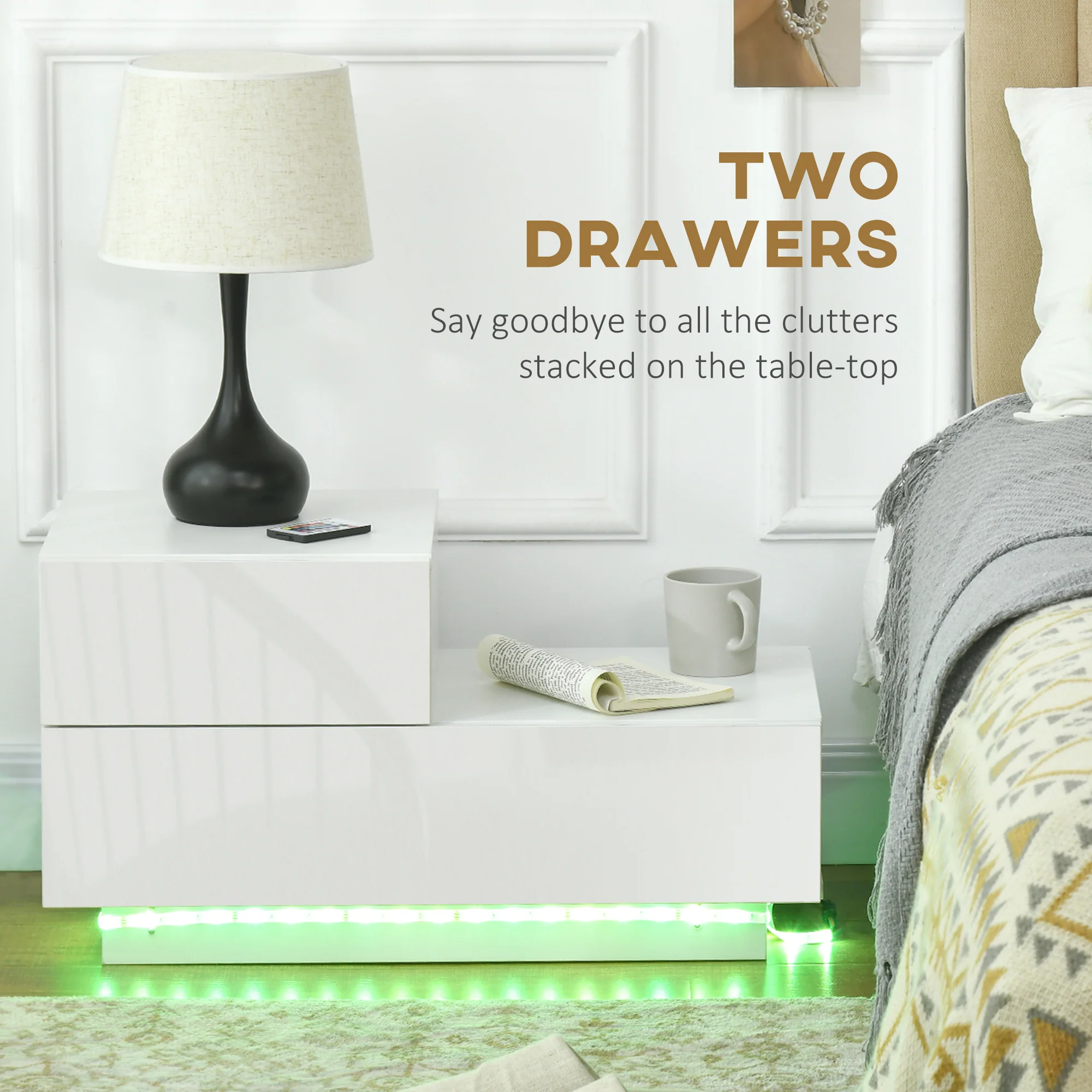 HOMCOM High Gloss Front Bedside Table Nightstand with LED Light Remote White - Image 3