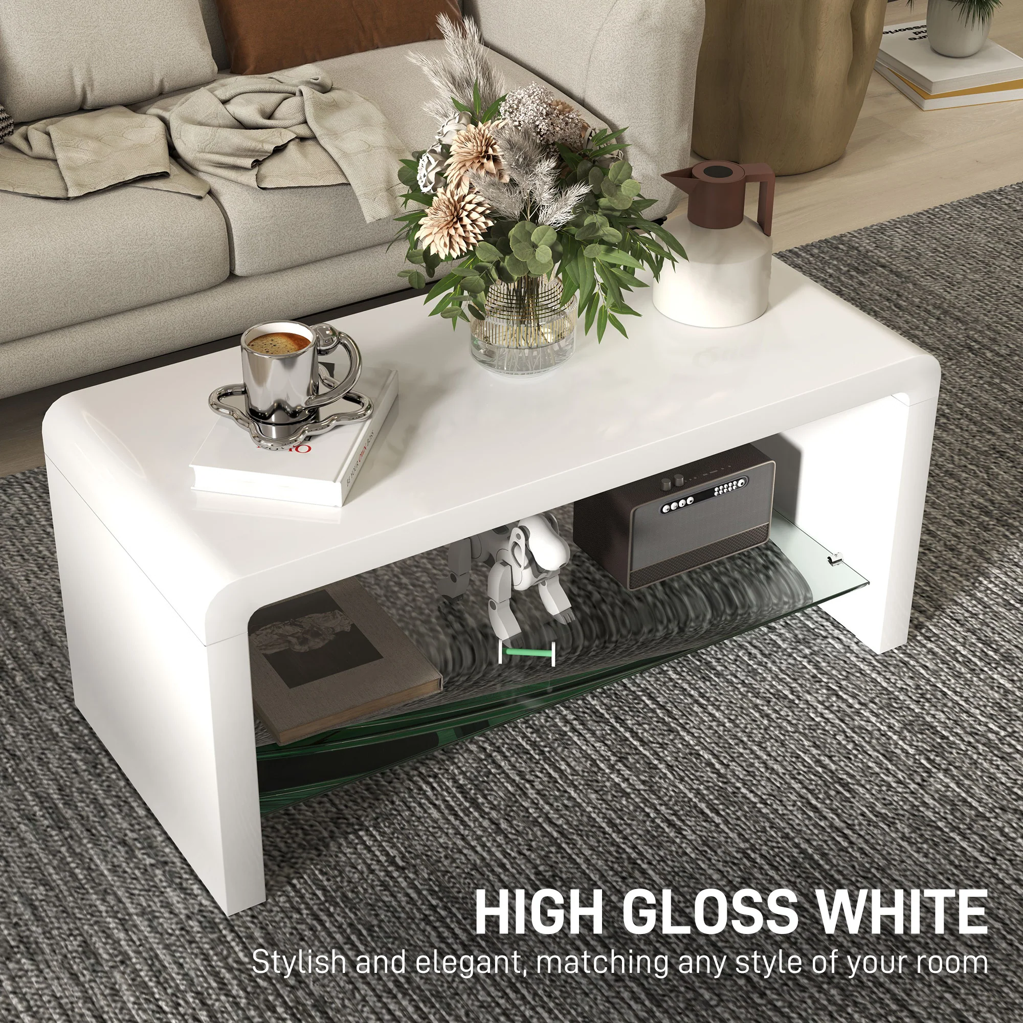 HOMCOM High Gloss Storage Coffee Table, Centre Table for Living Room, White - Image 3