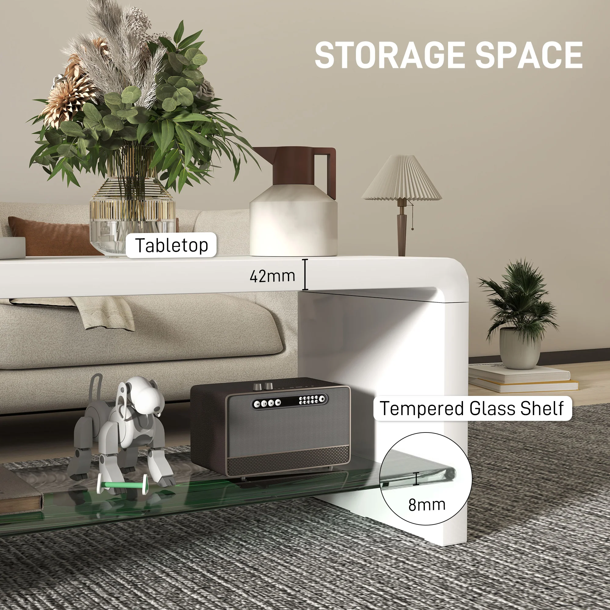 HOMCOM High Gloss Storage Coffee Table, Centre Table for Living Room, White - Image 4