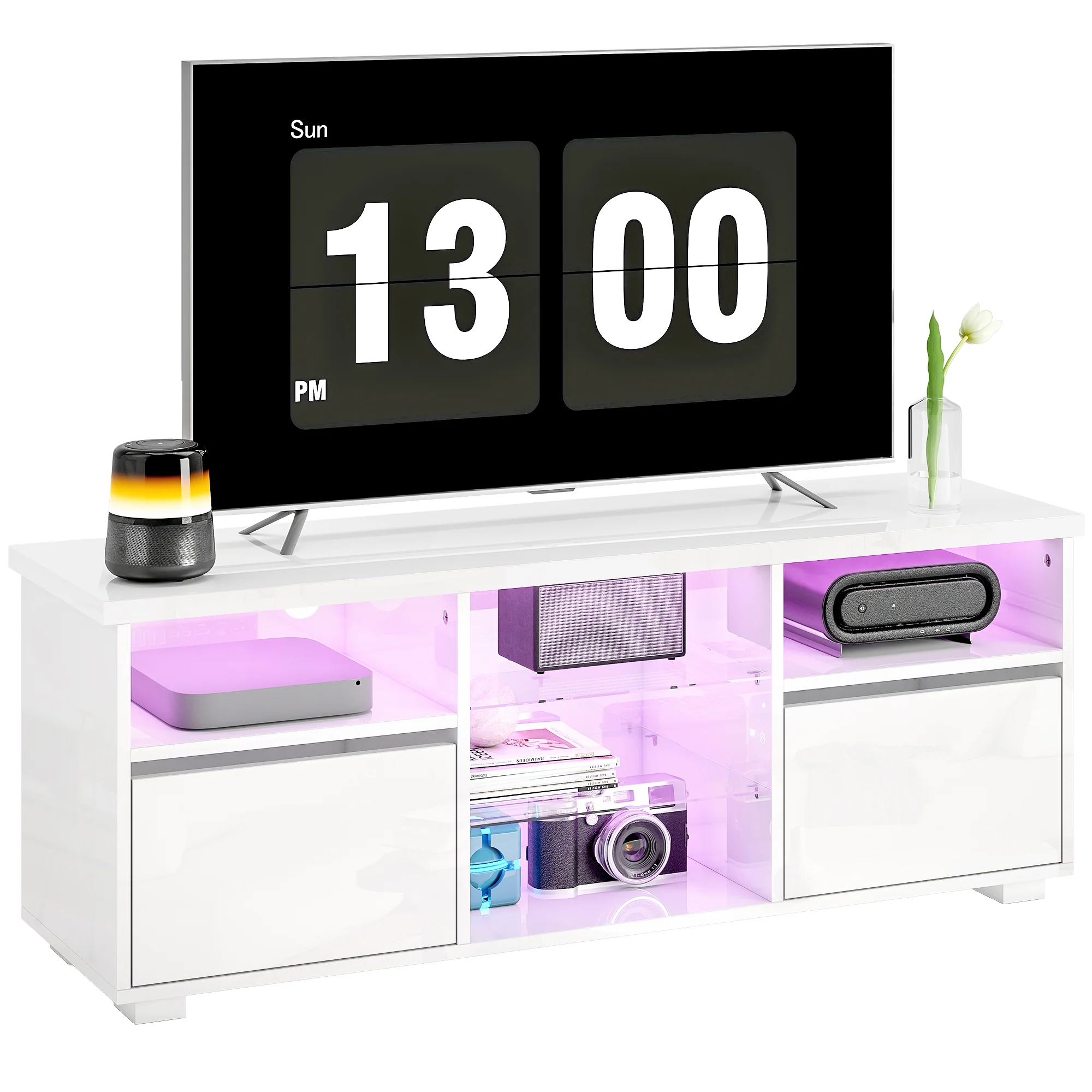 HOMCOM High Gloss TV Stand Cabinet with LED Lights for Living Room, White