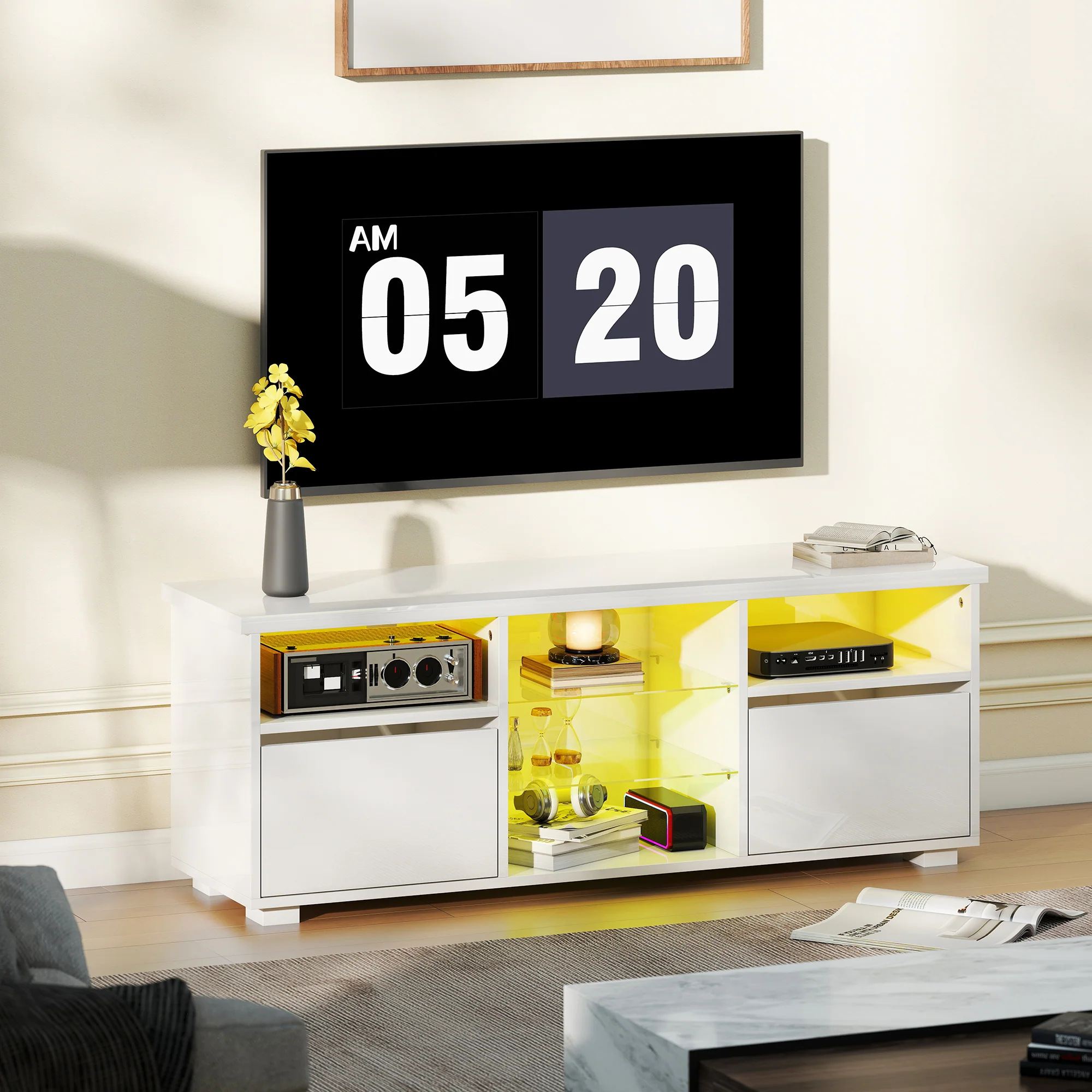 HOMCOM High Gloss TV Stand Cabinet with LED Lights for Living Room, White - Image 2