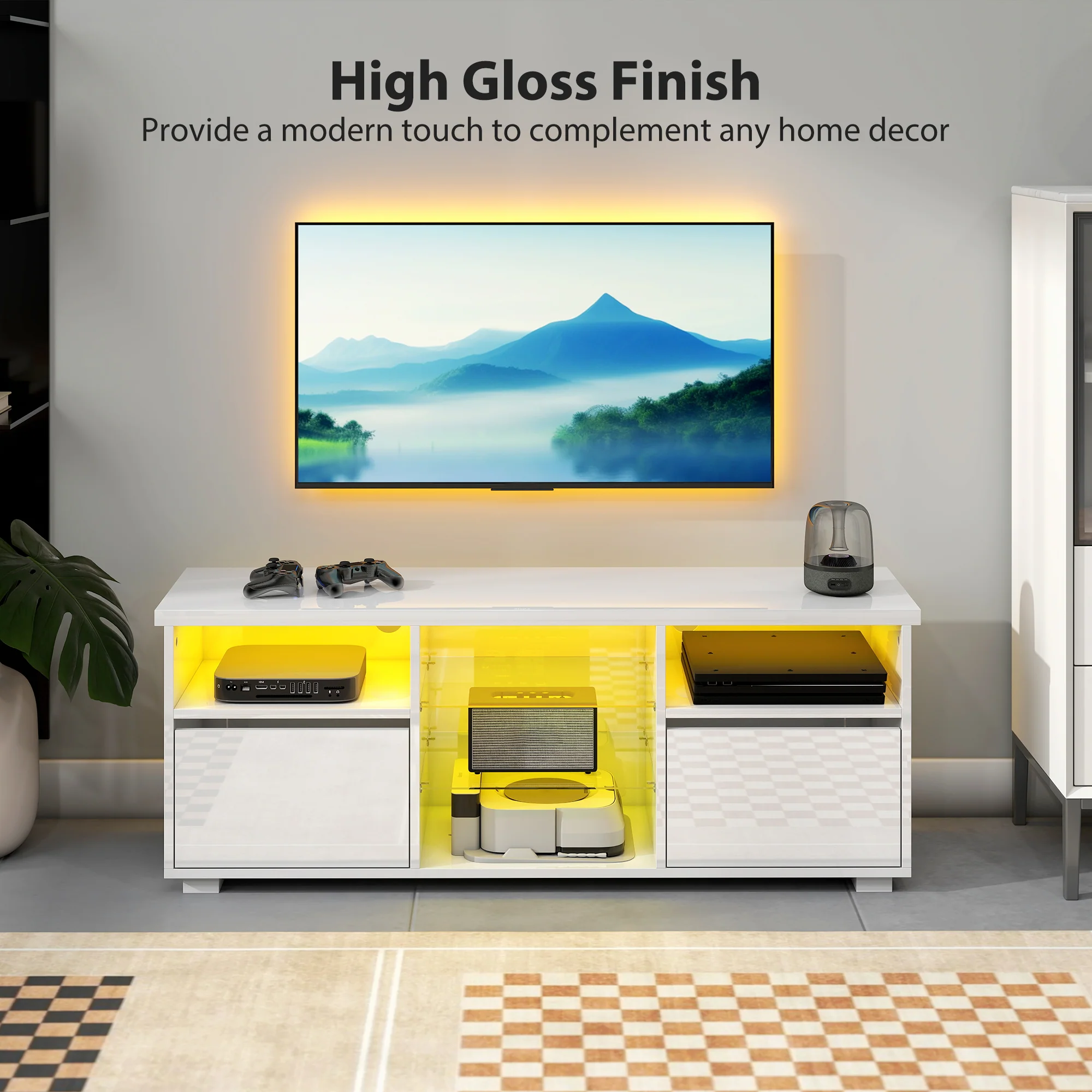 HOMCOM High Gloss TV Stand Cabinet with LED Lights for Living Room, White - Image 4