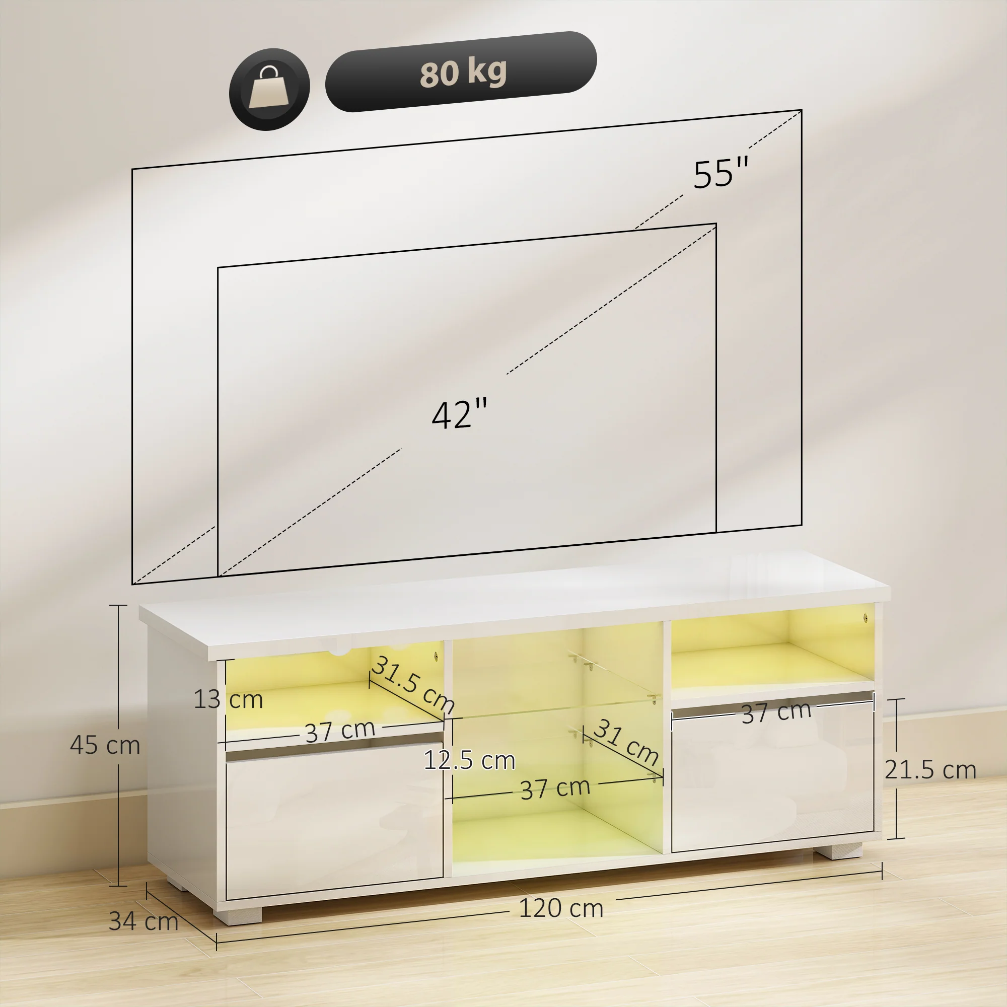 HOMCOM High Gloss TV Stand Cabinet with LED Lights for Living Room, White - Image 5