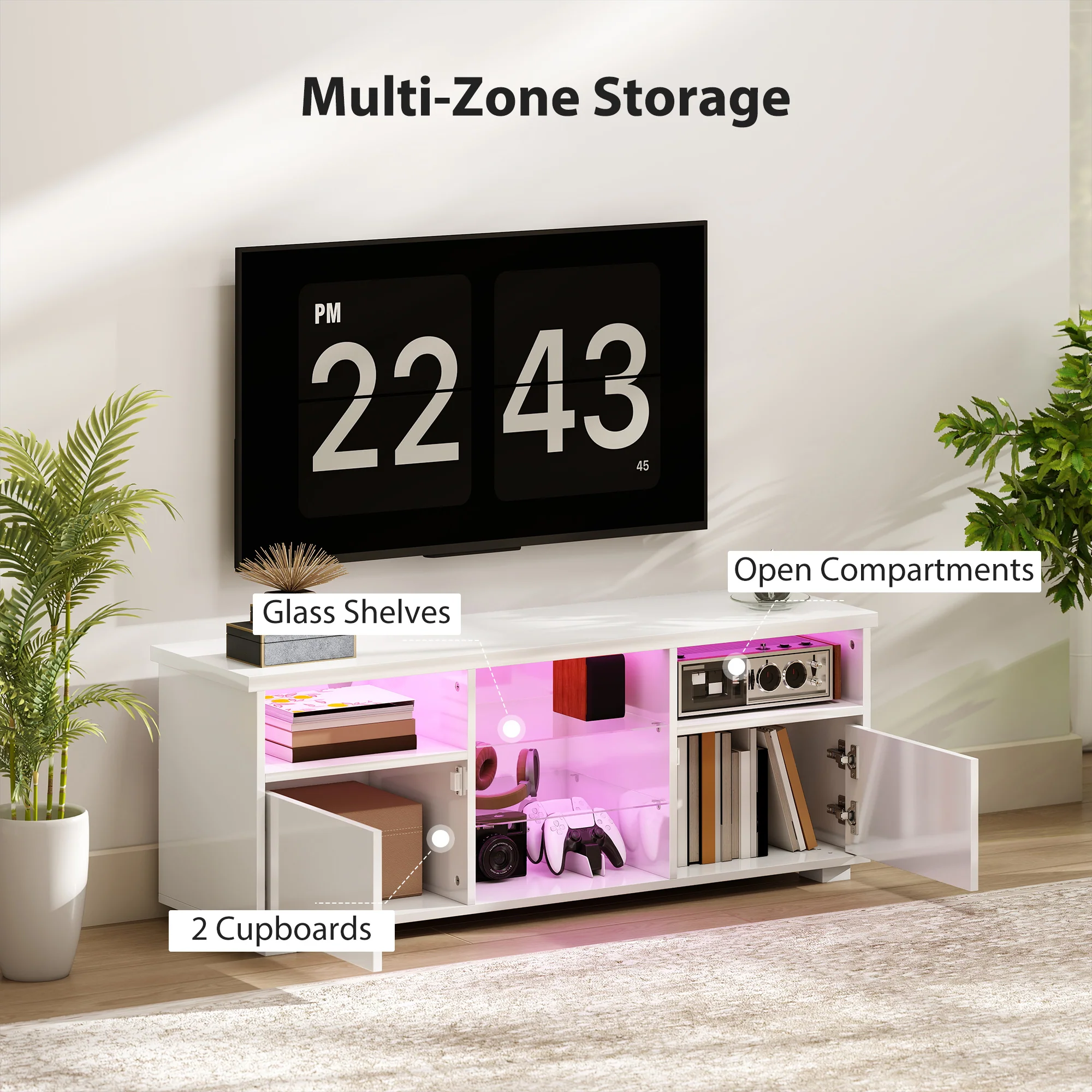 HOMCOM High Gloss TV Stand Cabinet with LED Lights for Living Room, White - Image 6