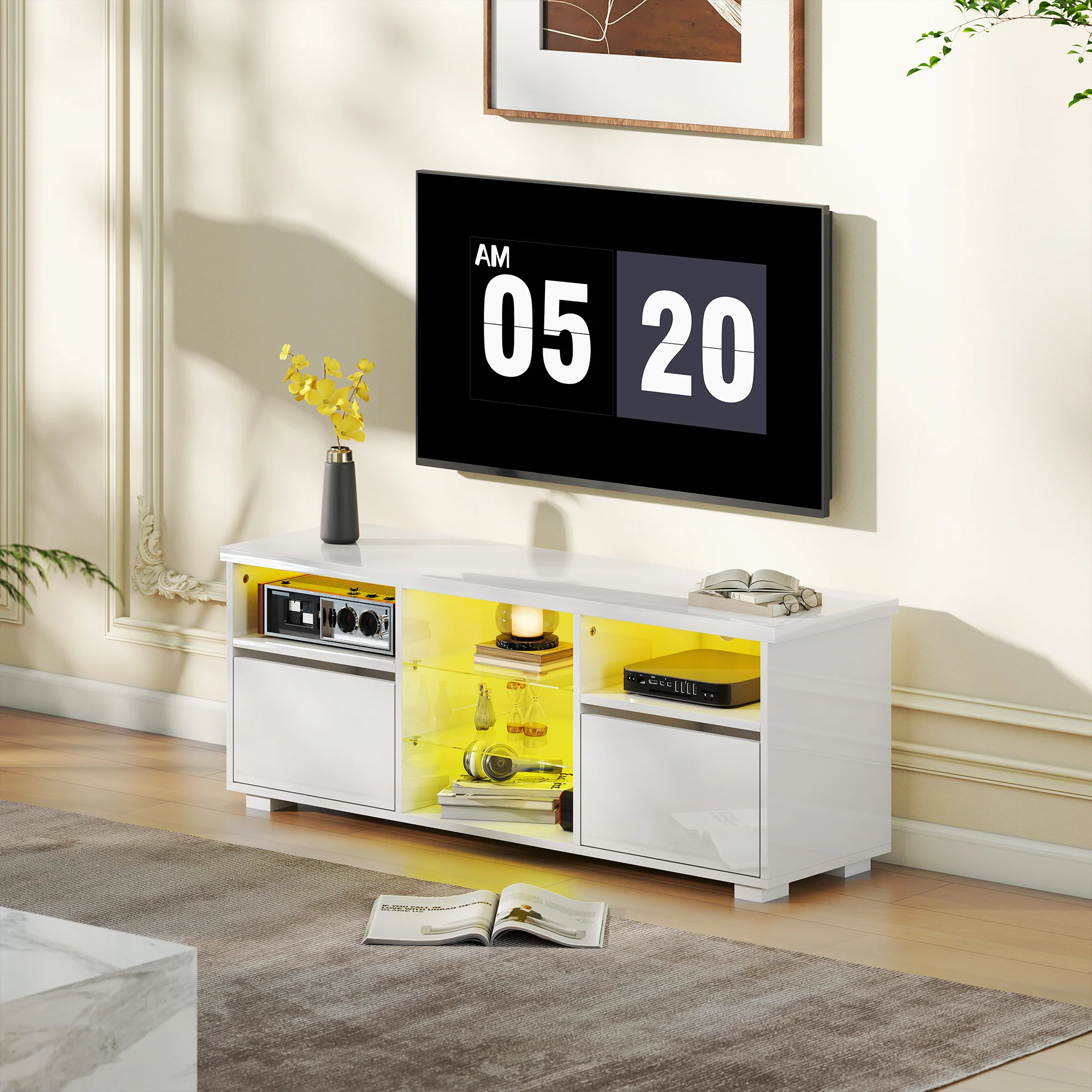 HOMCOM High Gloss TV Stand Cabinet with LED Lights for Living Room, White - Image 8