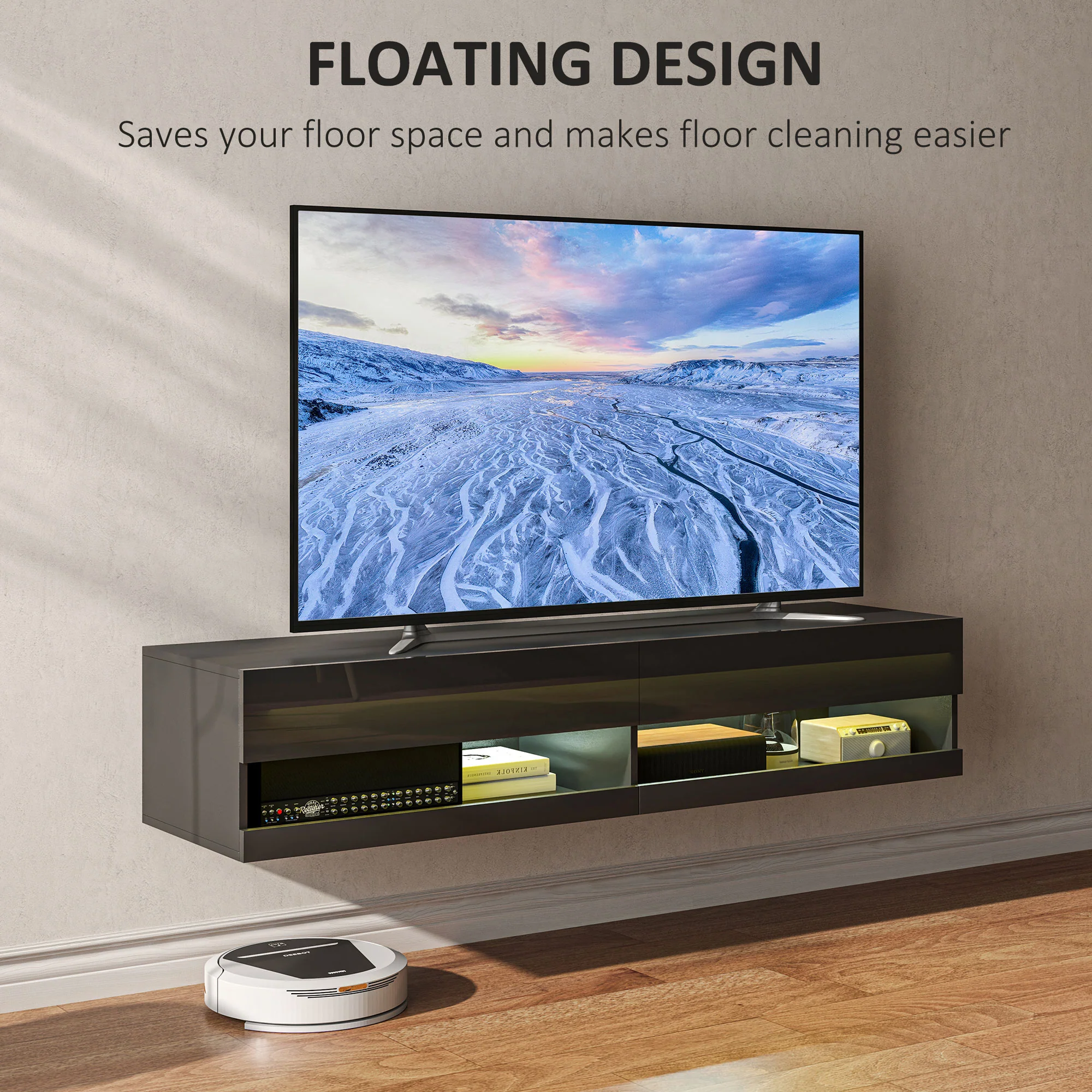 HOMCOM High Gloss TV Stand Unit Wall Mounted With LED Lights, Black - Image 13