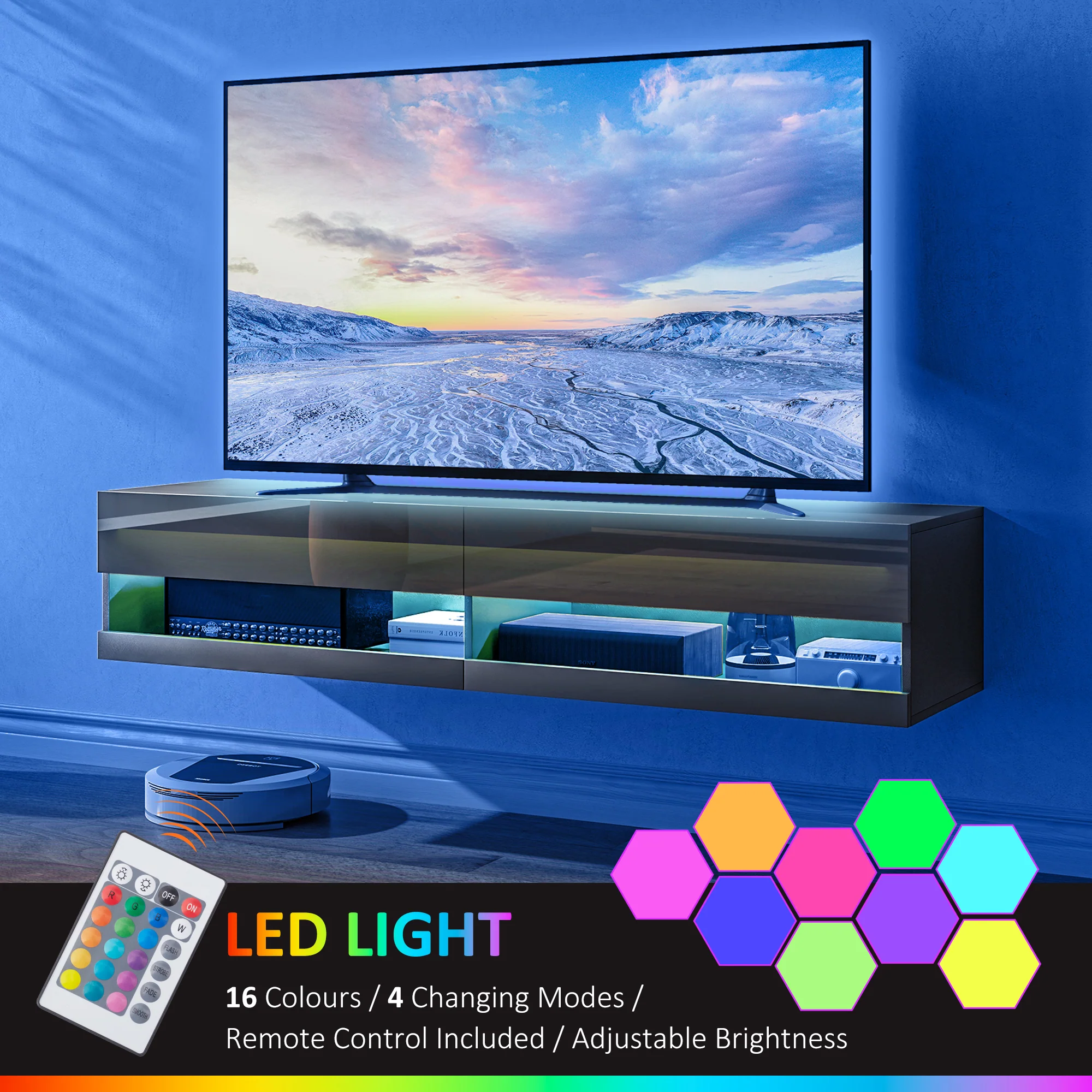 HOMCOM High Gloss TV Stand Unit Wall Mounted With LED Lights, Black - Image 14