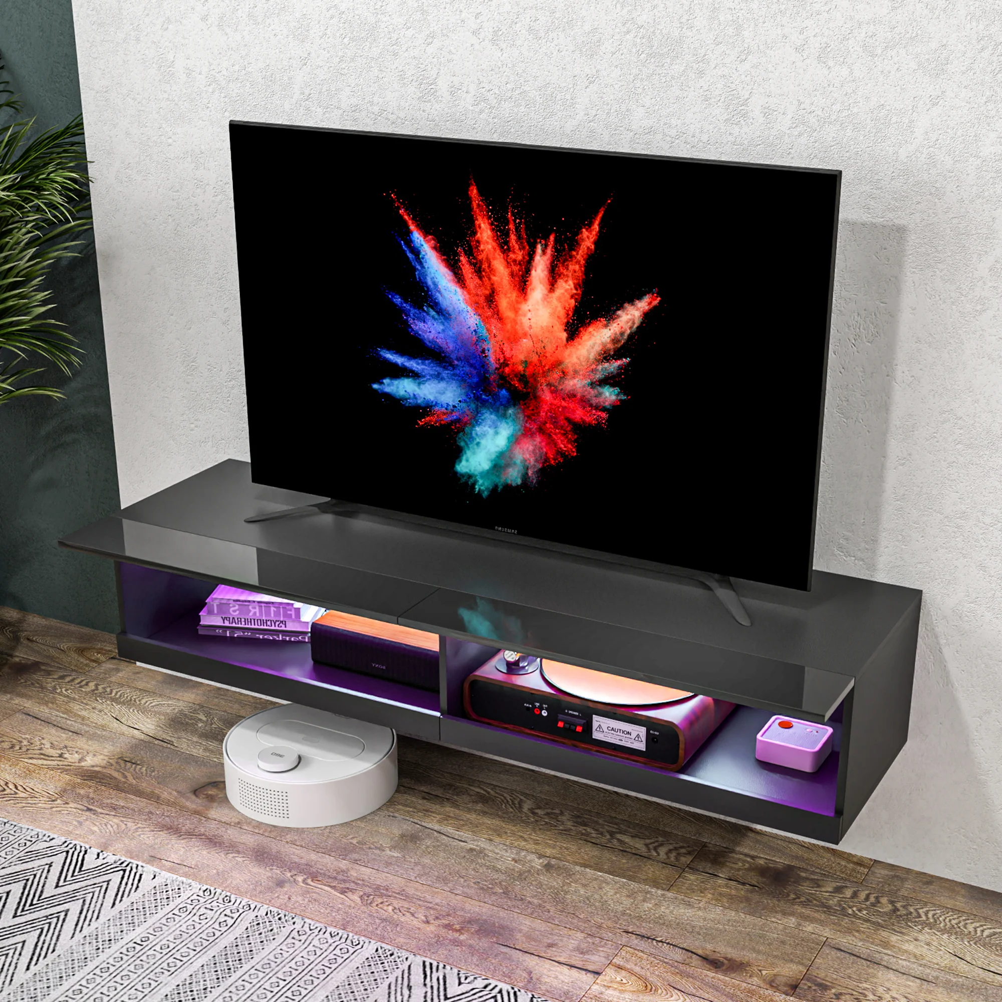HOMCOM High Gloss TV Stand Unit Wall Mounted With LED Lights, Black - Image 19