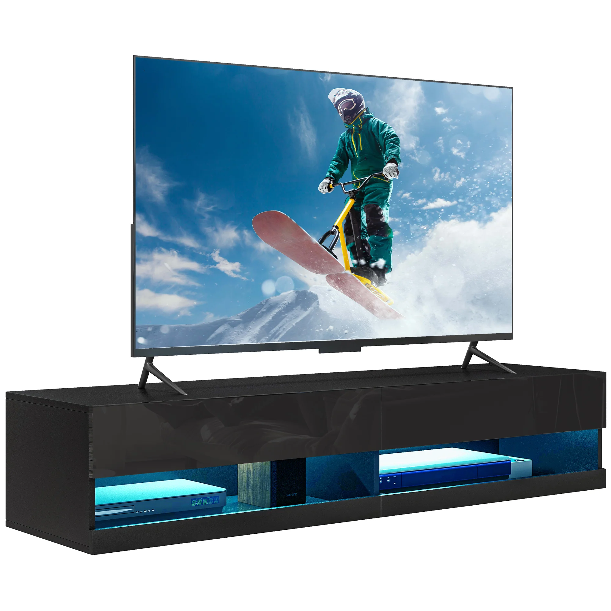 HOMCOM High Gloss TV Stand Unit Wall Mounted With LED Lights, Black - Image 2