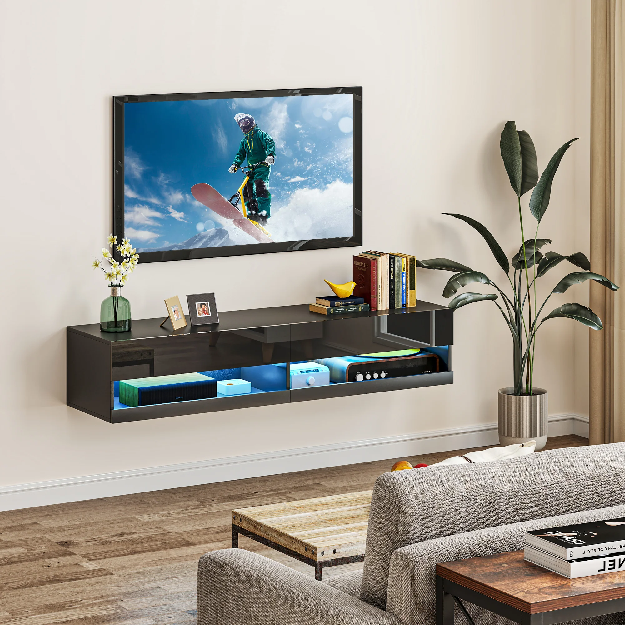 HOMCOM High Gloss TV Stand Unit Wall Mounted With LED Lights, Black - Image 3