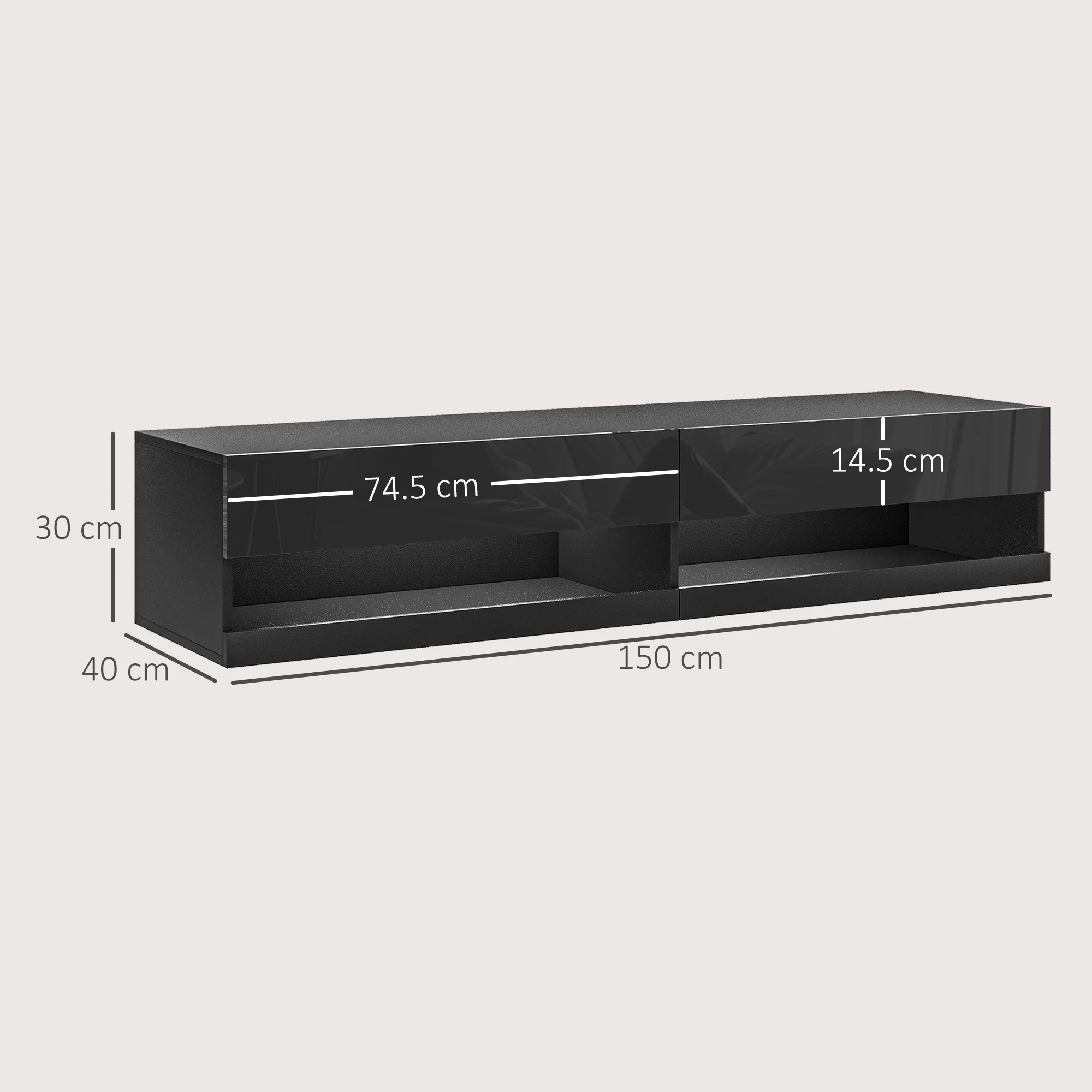 HOMCOM High Gloss TV Stand Unit Wall Mounted With LED Lights, Black - Image 6